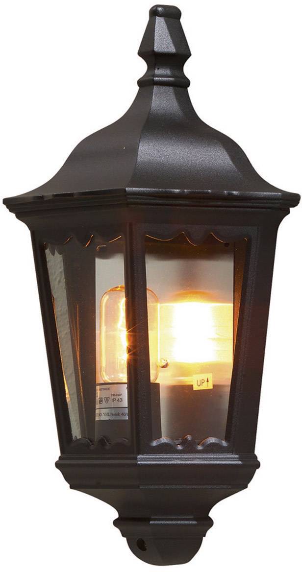 Black wall light with glass panels and illuminated bulb. Perfect for outdoor lighting.