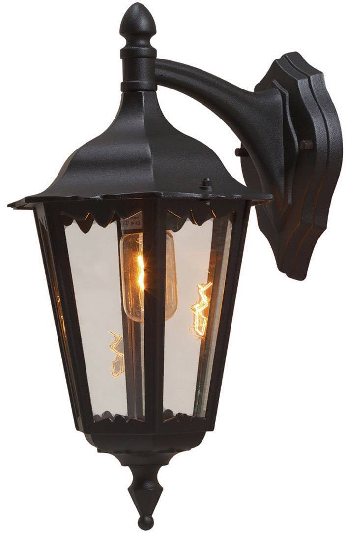 Black metal wall light in lantern style with glowing bulb illumination, suitable for outdoor areas.