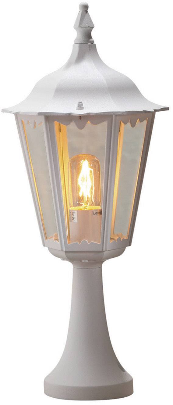 White outdoor lantern with classic design and visible, glowing LED bulb. Suitable for illuminating garden paths.