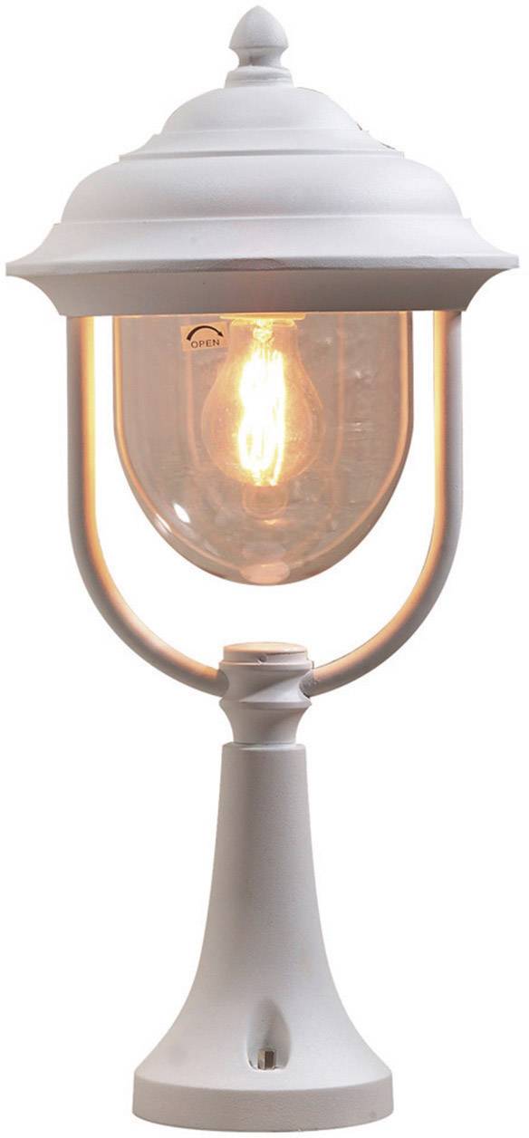 White outdoor lantern with a classic design and visible light source that emits warm light. Ideal for garden or terrace lighting.