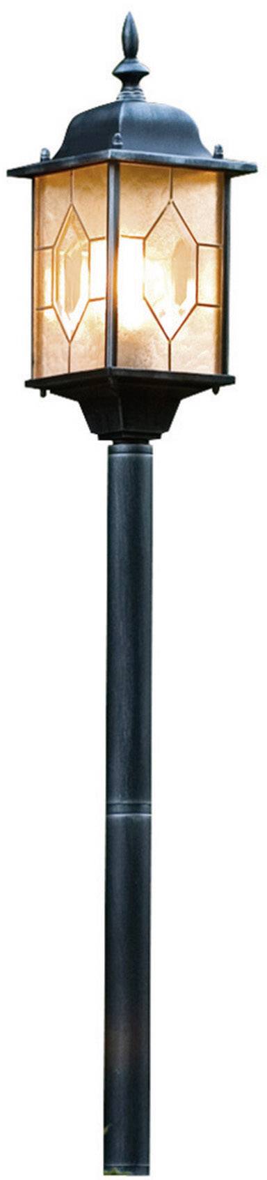 A black lantern with glass and an illuminating inner light, mounted on a long pole, suitable for garden or outdoor areas.