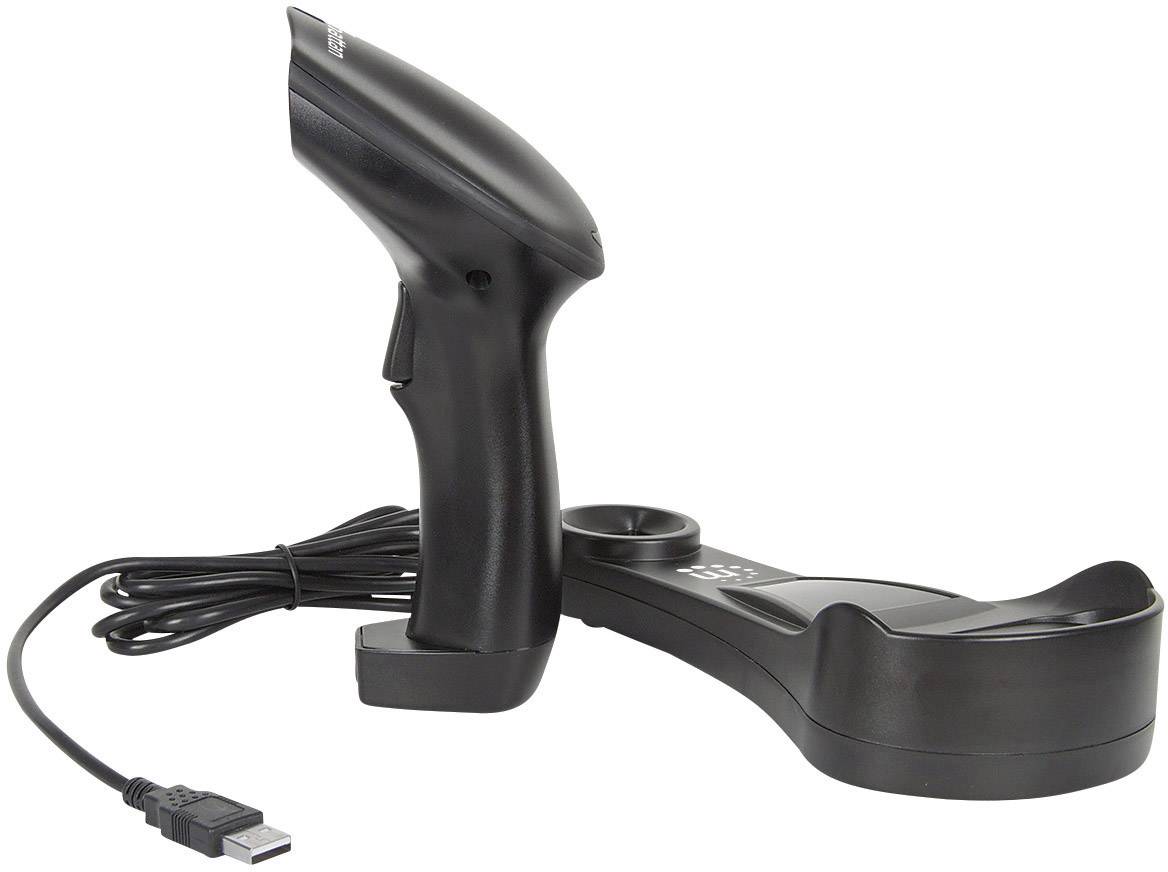 A black handheld scanner with a USB cable and matching charging station. The scanner is made of plastic and is sitting on the charging station.