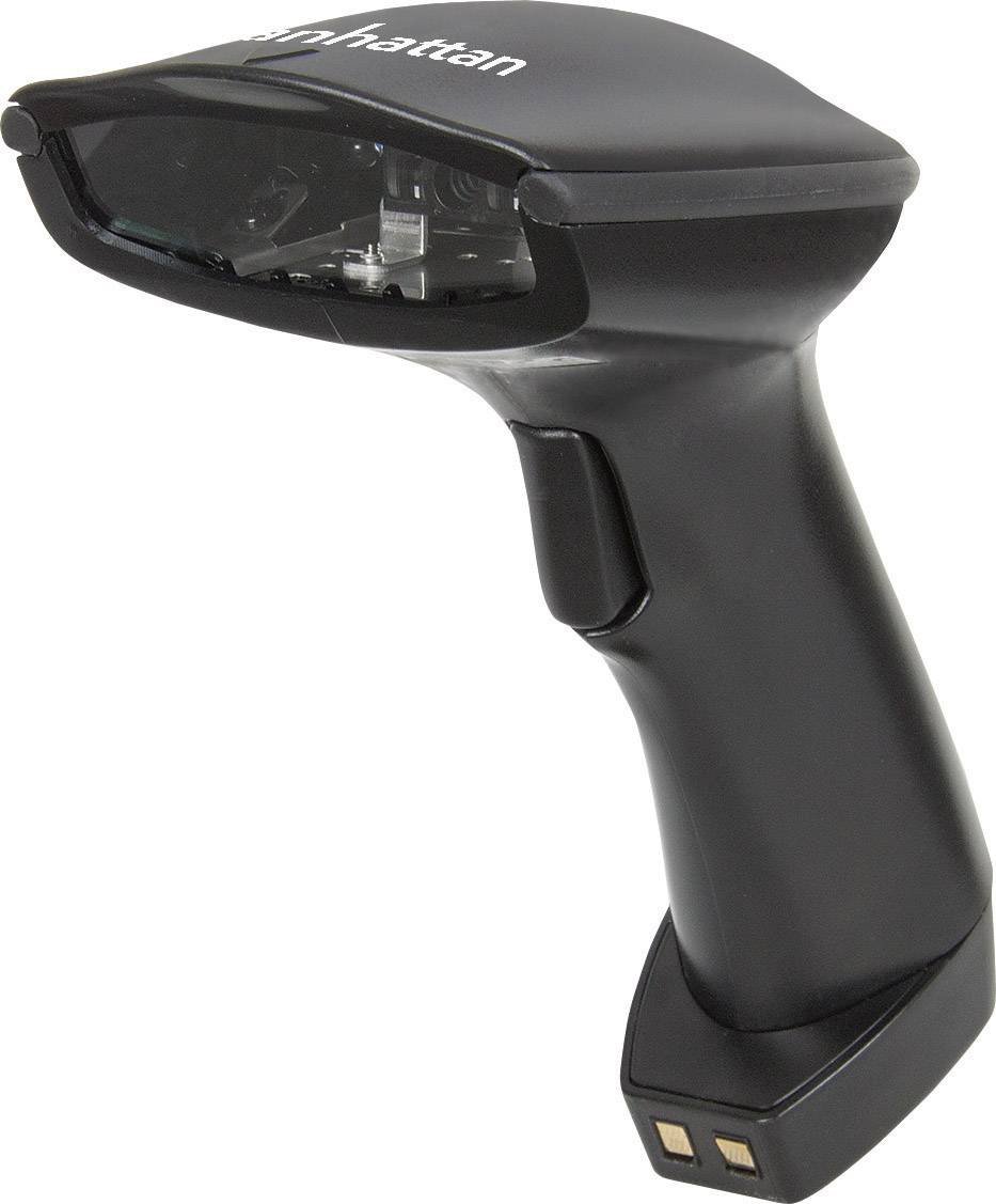 A black handheld scanner with an ergonomic grip, suitable for scanning barcodes. A plain logo is visible on the top.
