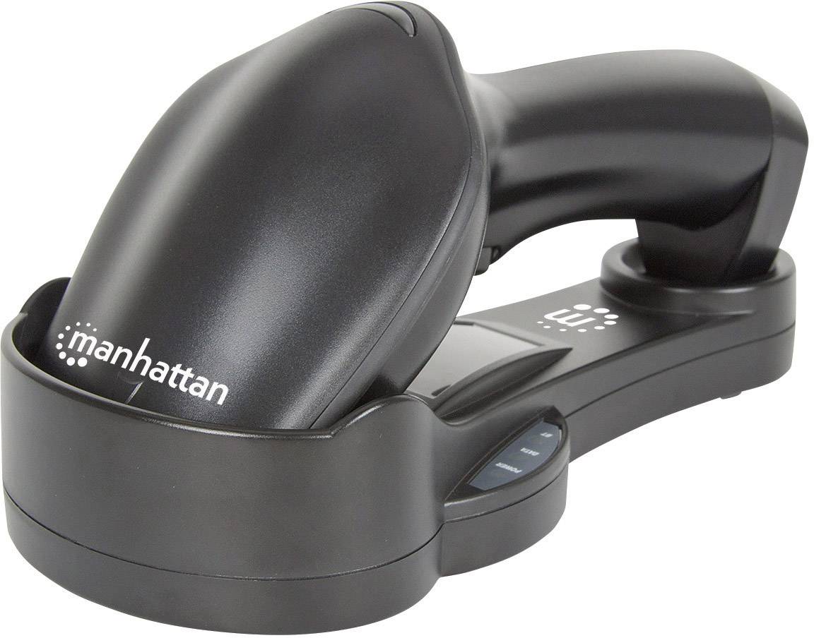 A black barcode scanner from 'Manhattan' is sitting in a charging station.