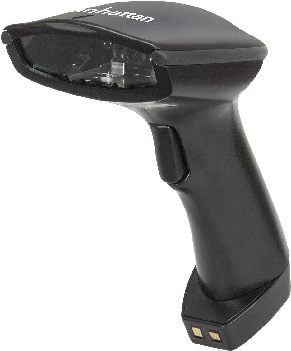 A black handheld scanner with a grip and viewing window for barcode recognition, suitable for use in shops or warehouses.