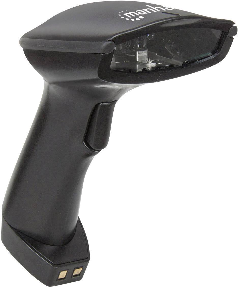 A black handheld scanner in a rectangular shape, used for scanning barcodes or QR codes.