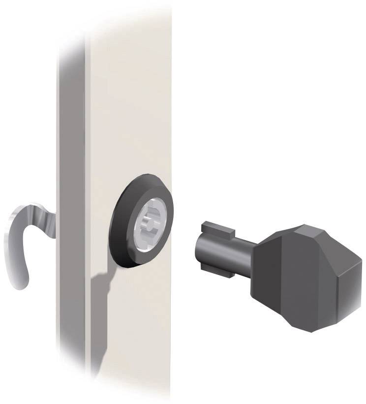 Door handle and lock mechanism. On the left, a door handle, on the right a removable key that fits into the lock.