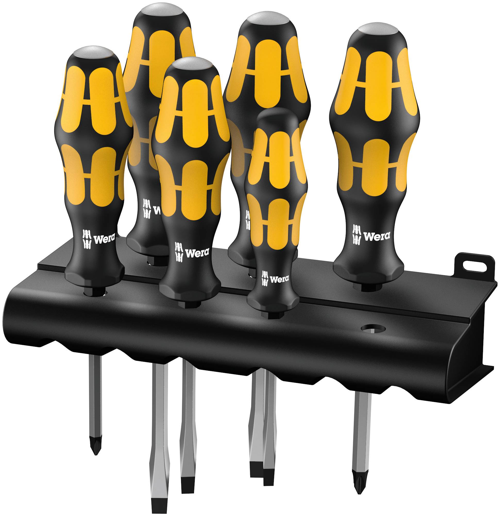 Six-piece screwdriver set with ergonomic handles and various tips. Includes black wall-mounting holder.