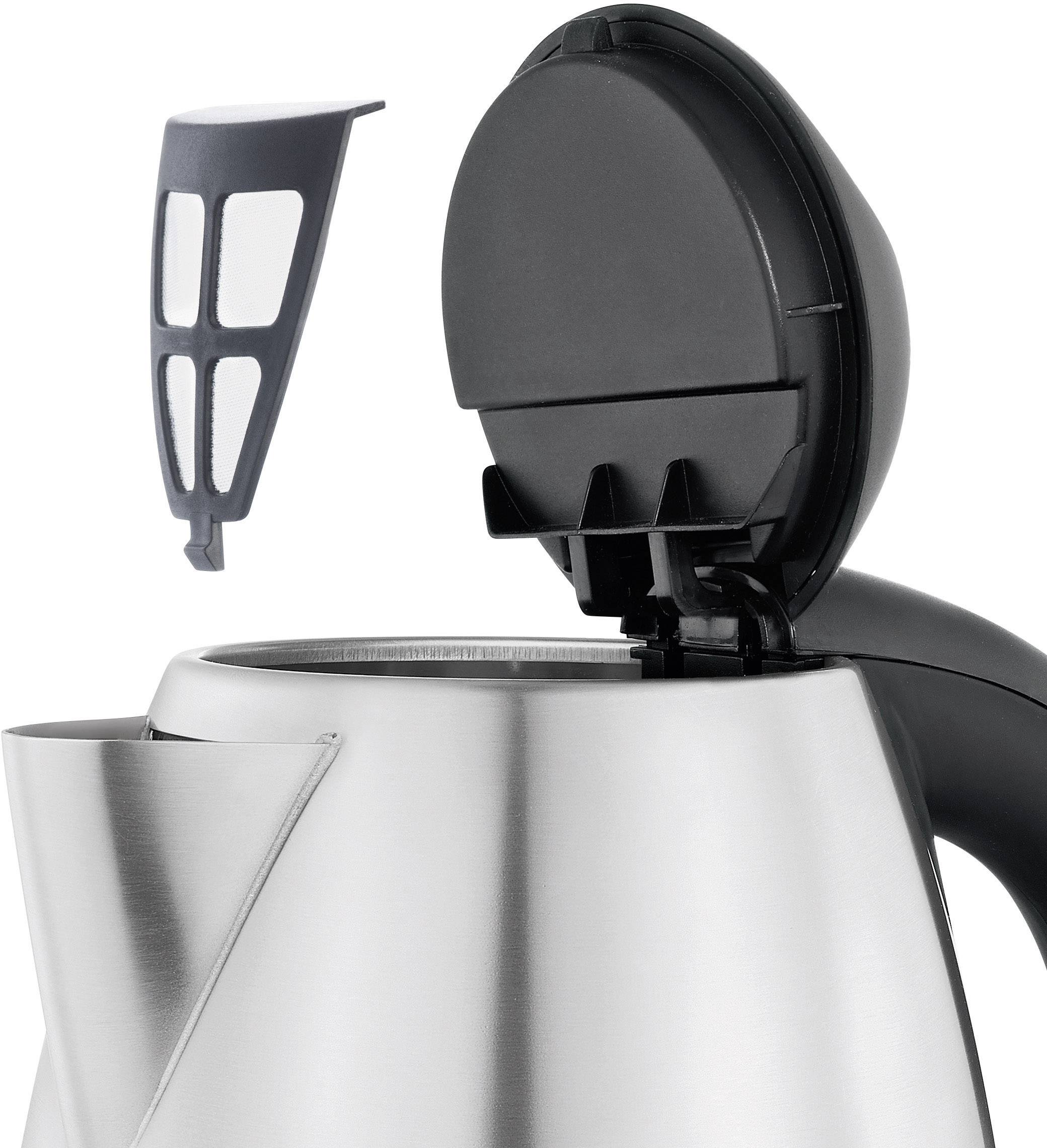 Electric stainless steel kettle with open lid, showing the removable filter. Modern design, functional for the kitchen.