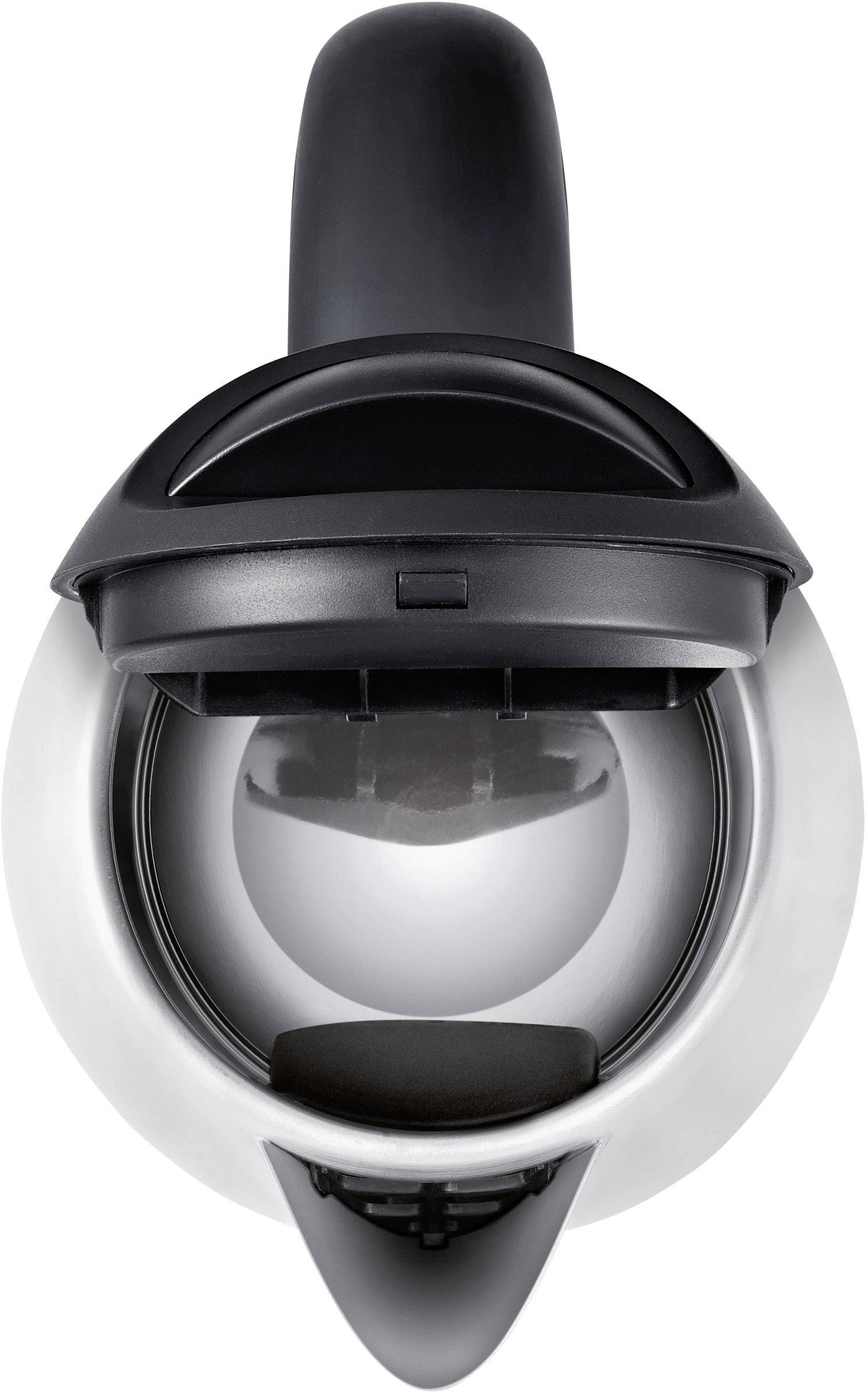 Top view of a modern, round toaster with a black handle and silver casing. The lid is partially open.