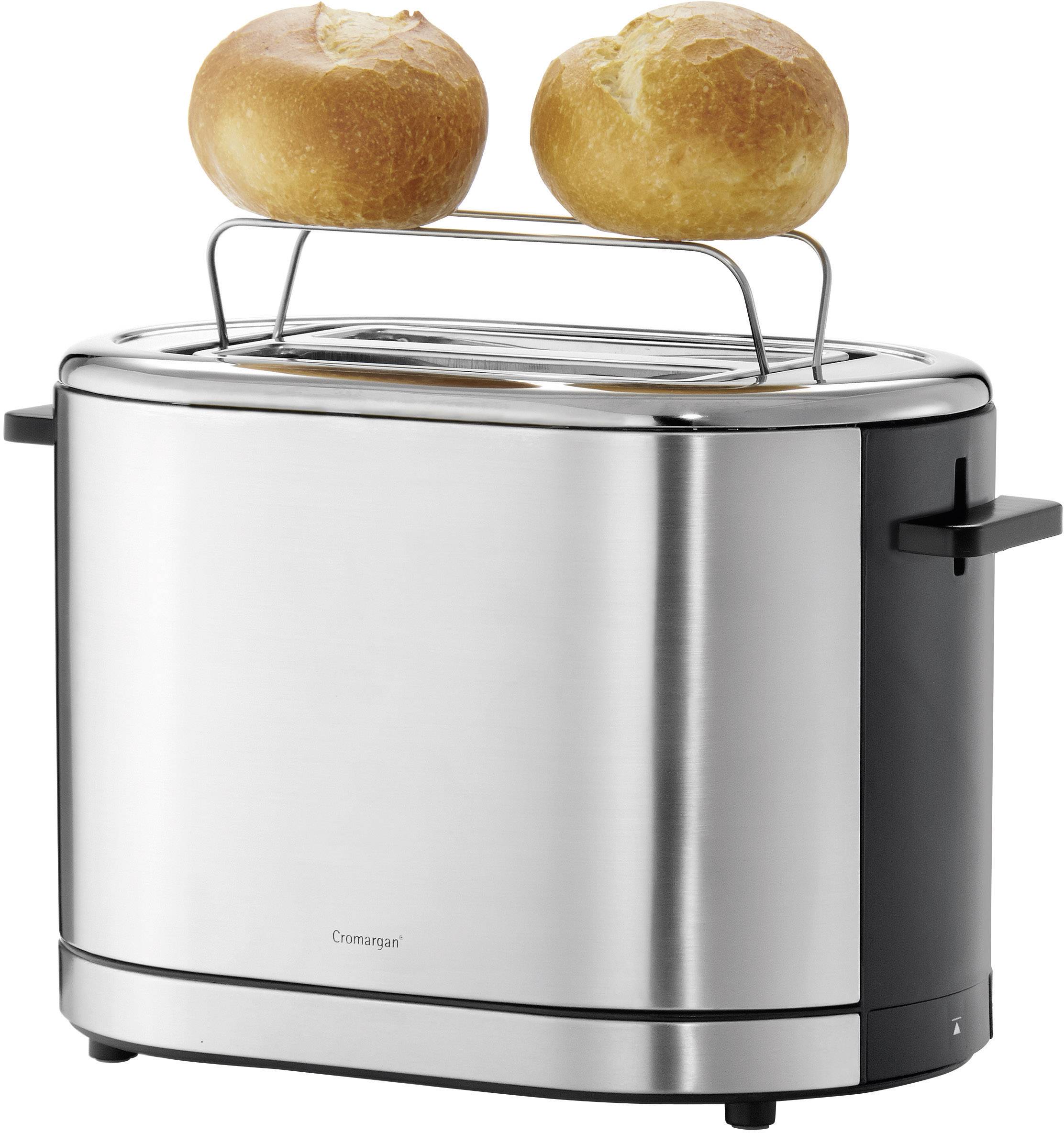 A silver toaster with two bread rolls on a toast rack, set against a white background.