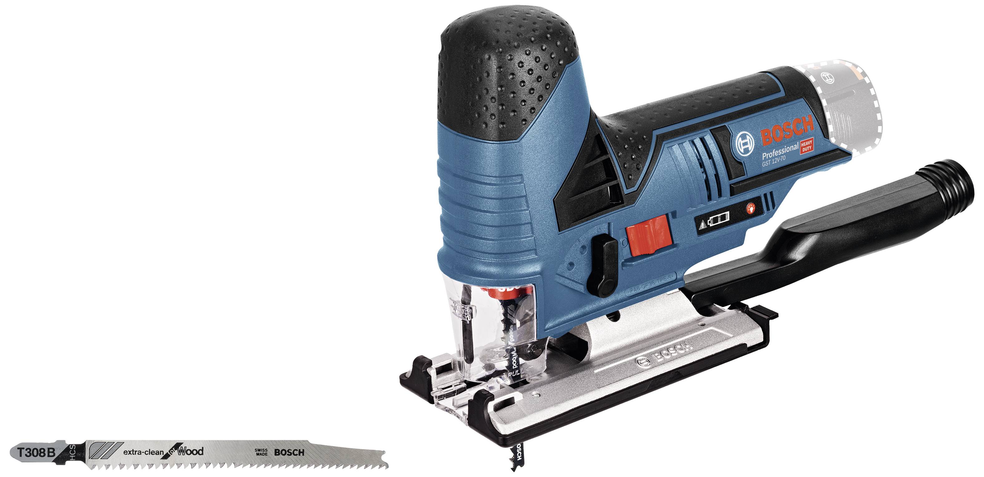 A blue Bosch jigsaw next to a saw blade. The jigsaw has an ergonomic handle and various control features.