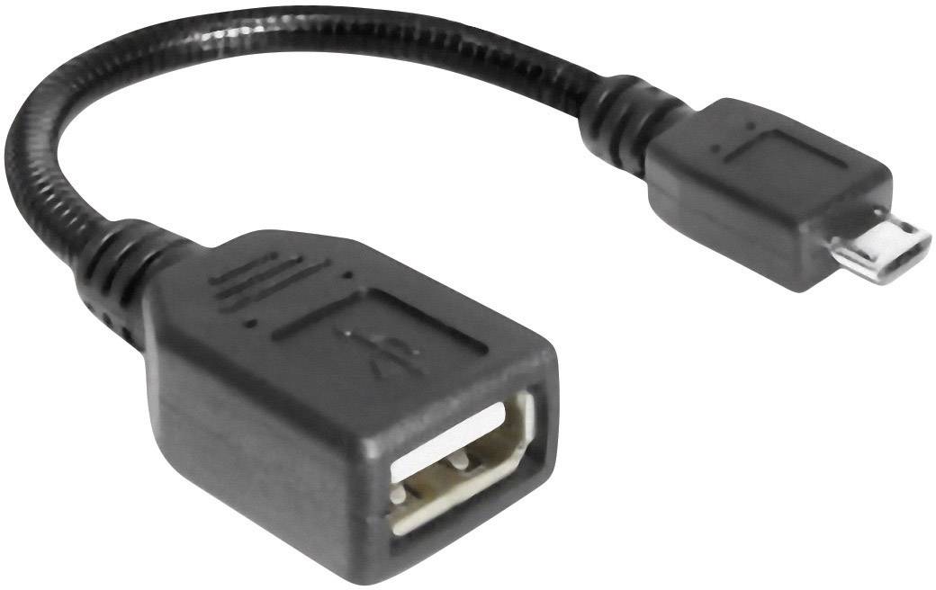 Black USB OTG cable with standard USB socket on one side and micro-USB plug on the other.
