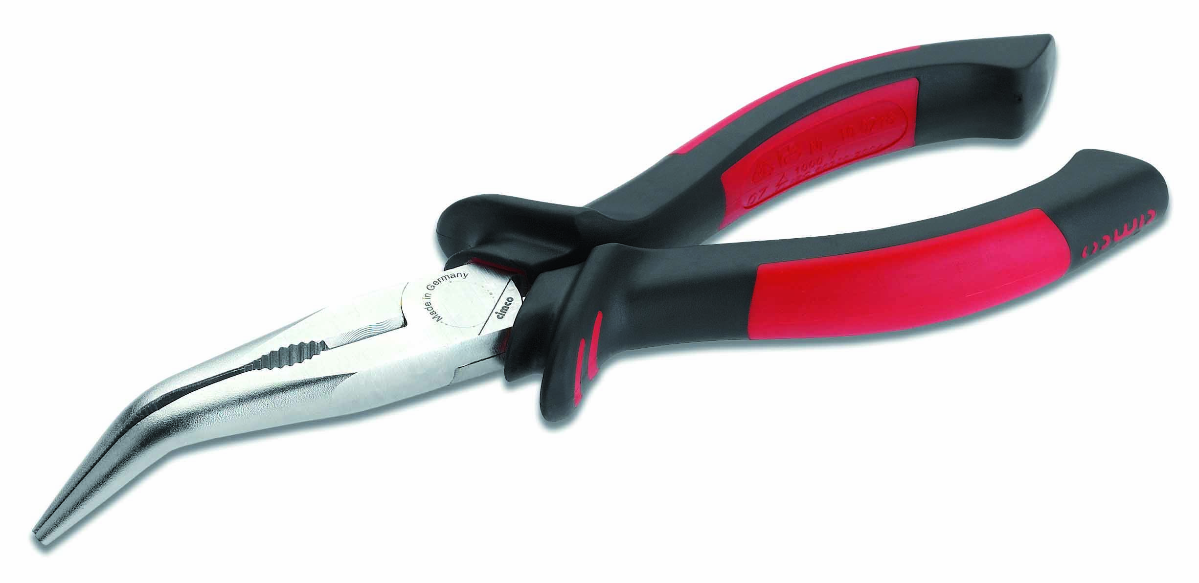 A fine-pointed needle-nose pliers with red and black handles, suitable for precise work in hard-to-reach areas.