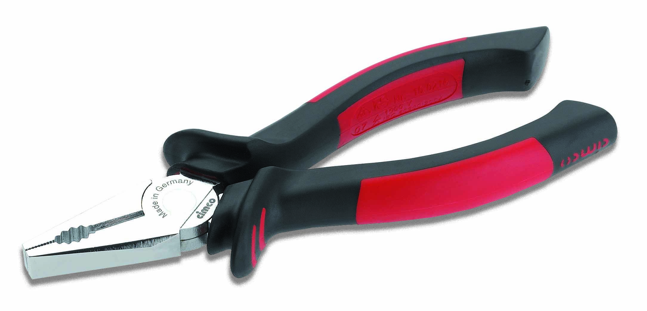 A red and black combination pliers with insulated handles.