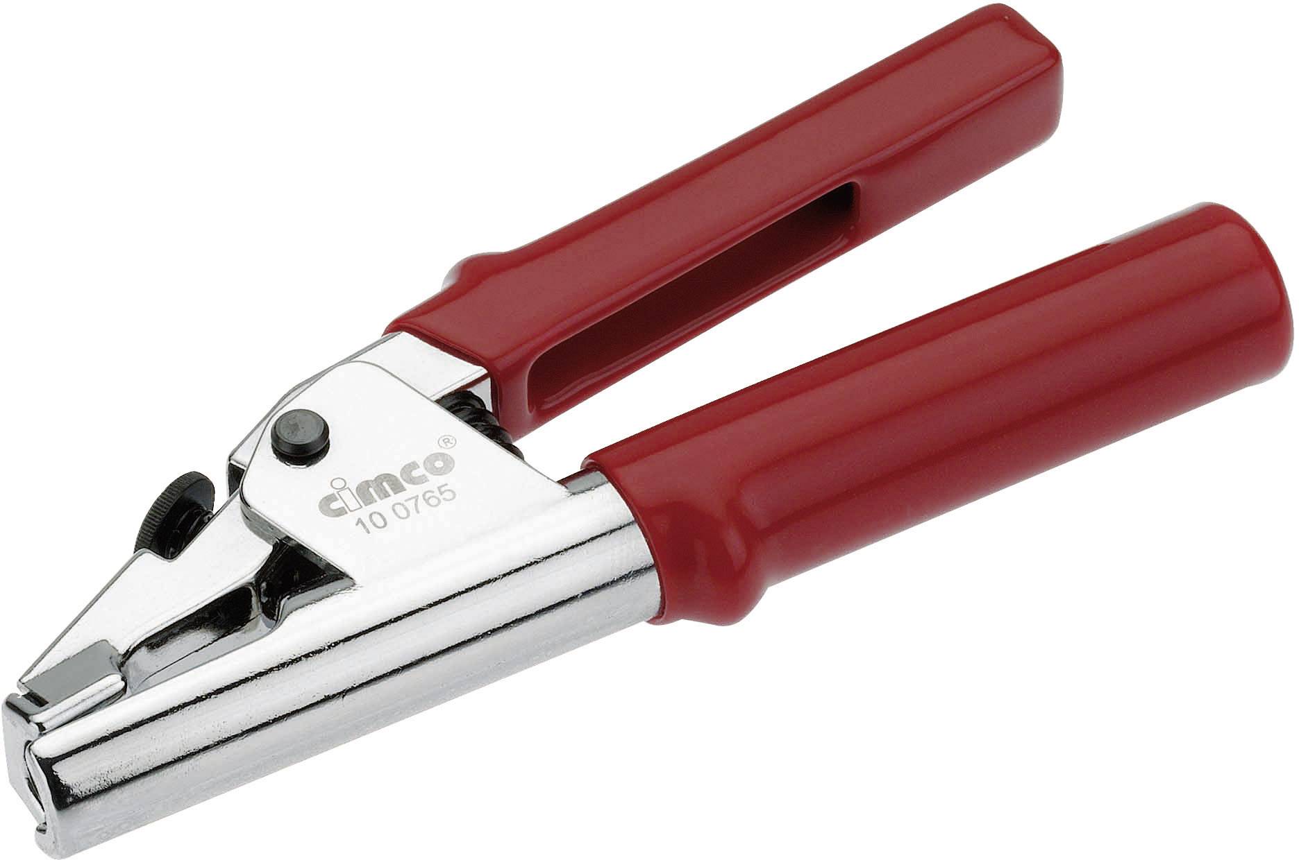 A red hole punch for plastic bands, shown with its metallic head and red handles against a white background.