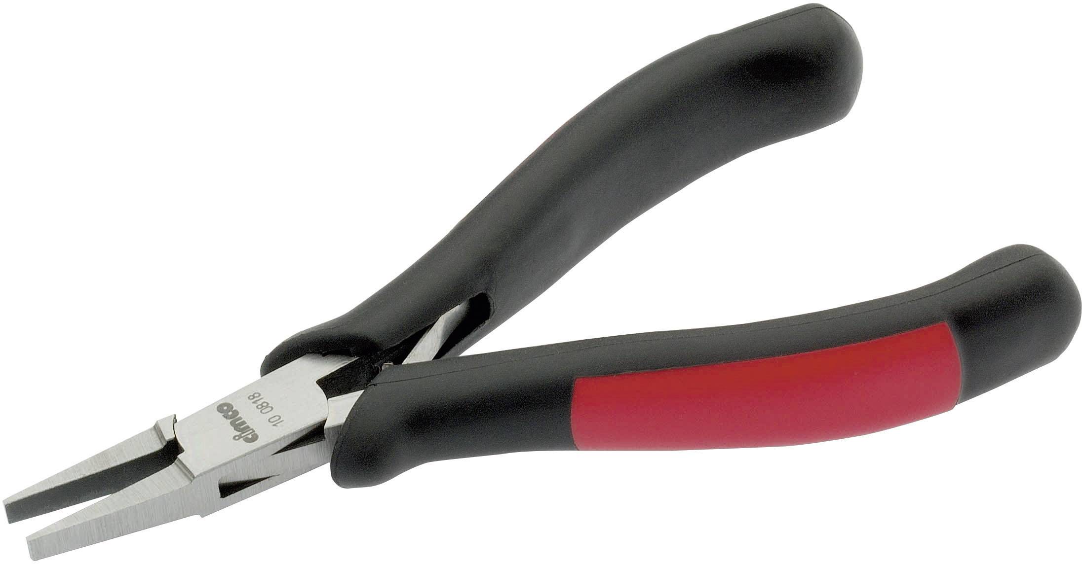 A pair of pliers with a black and red handle lies on a white background.
