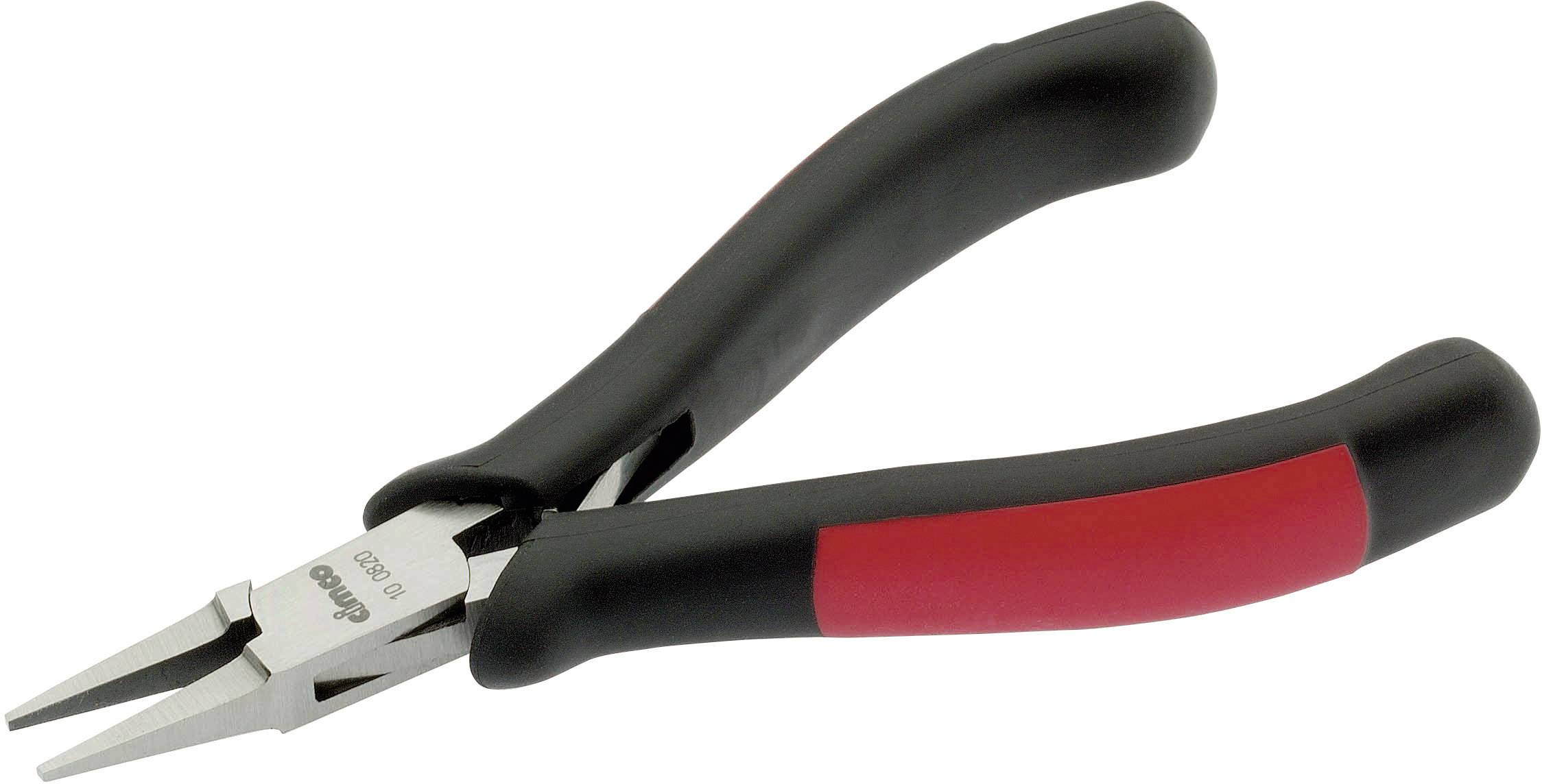 Pliers with a black and red handle, suitable for precise work such as wire cutting and shaping small metal parts.