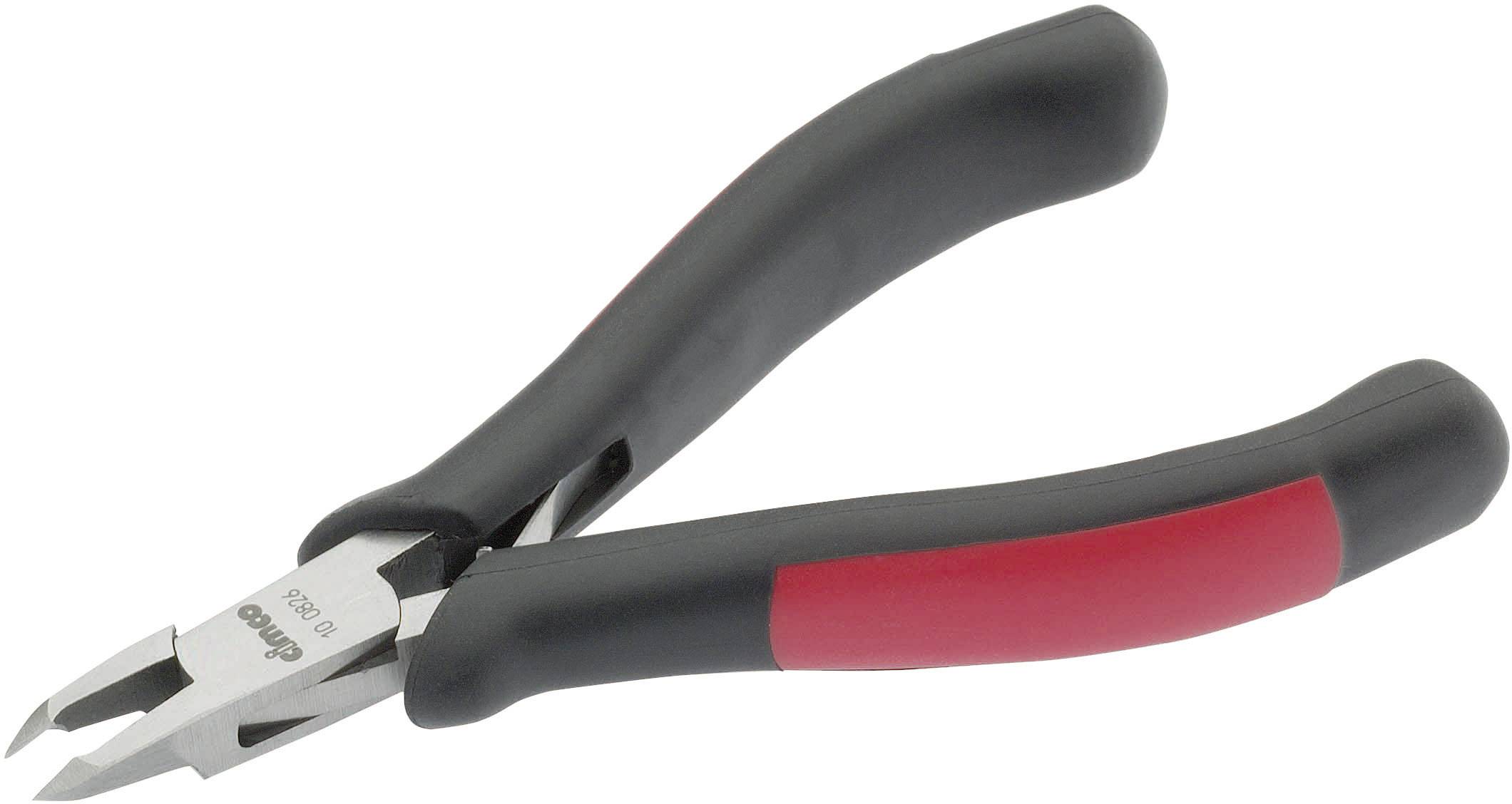 Pliers with a black and red handle and silver jaws on a white background, suitable for cutting wire or cables.