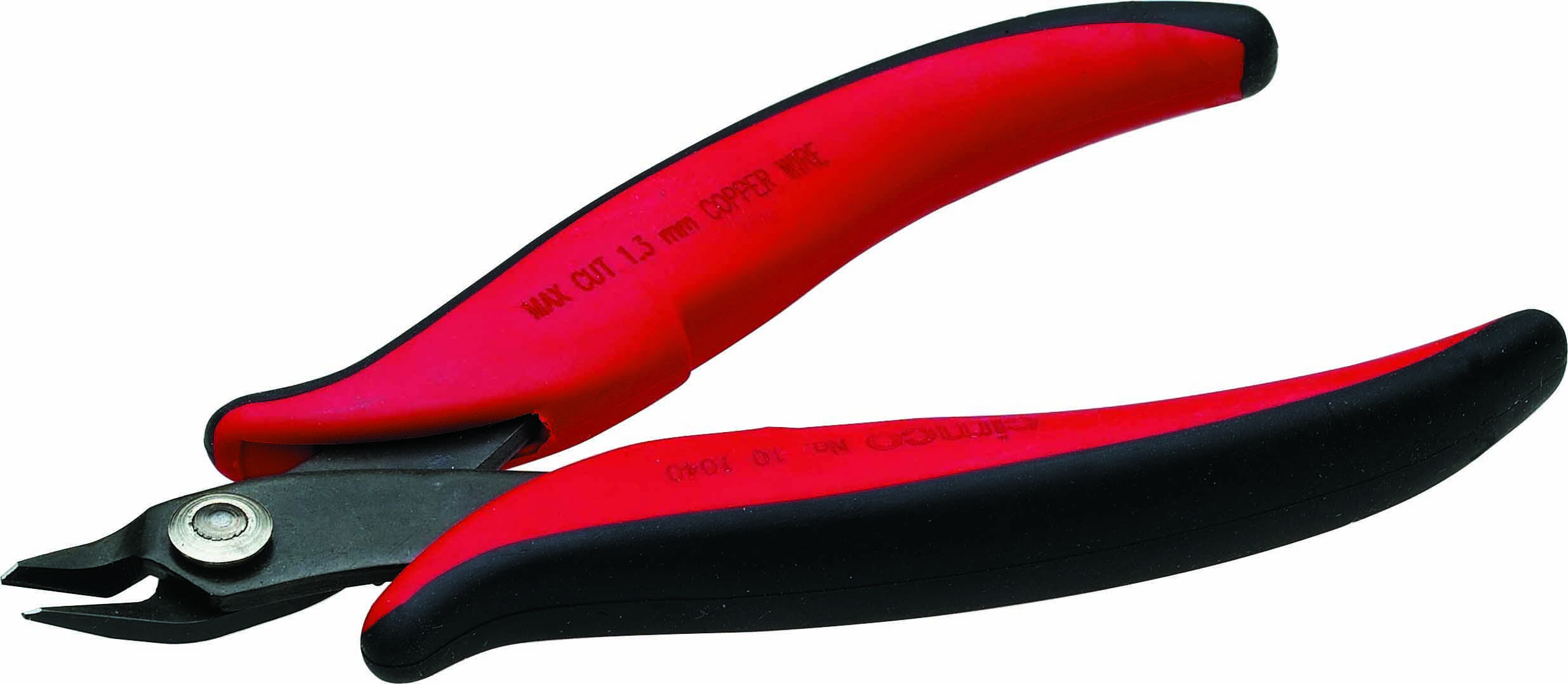 Red and black side cutters, used for cutting wires or small metal parts. Placed on a white background.