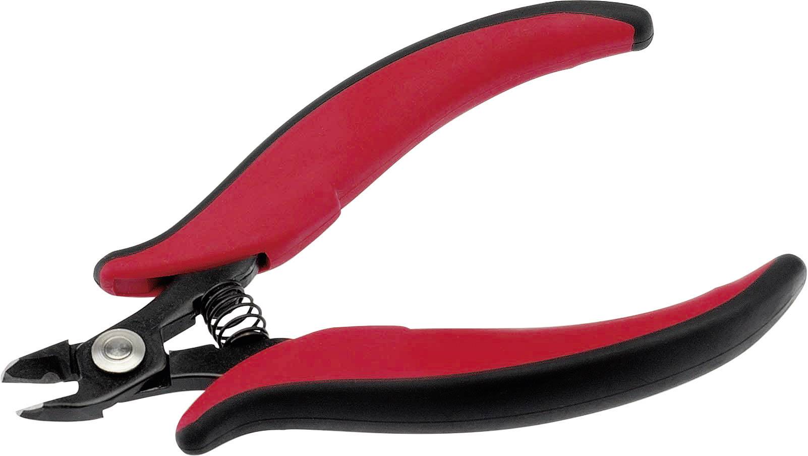 A red wire cutter with black rubber grips and a spring. It is in an open position and appears sturdy and ergonomically designed.