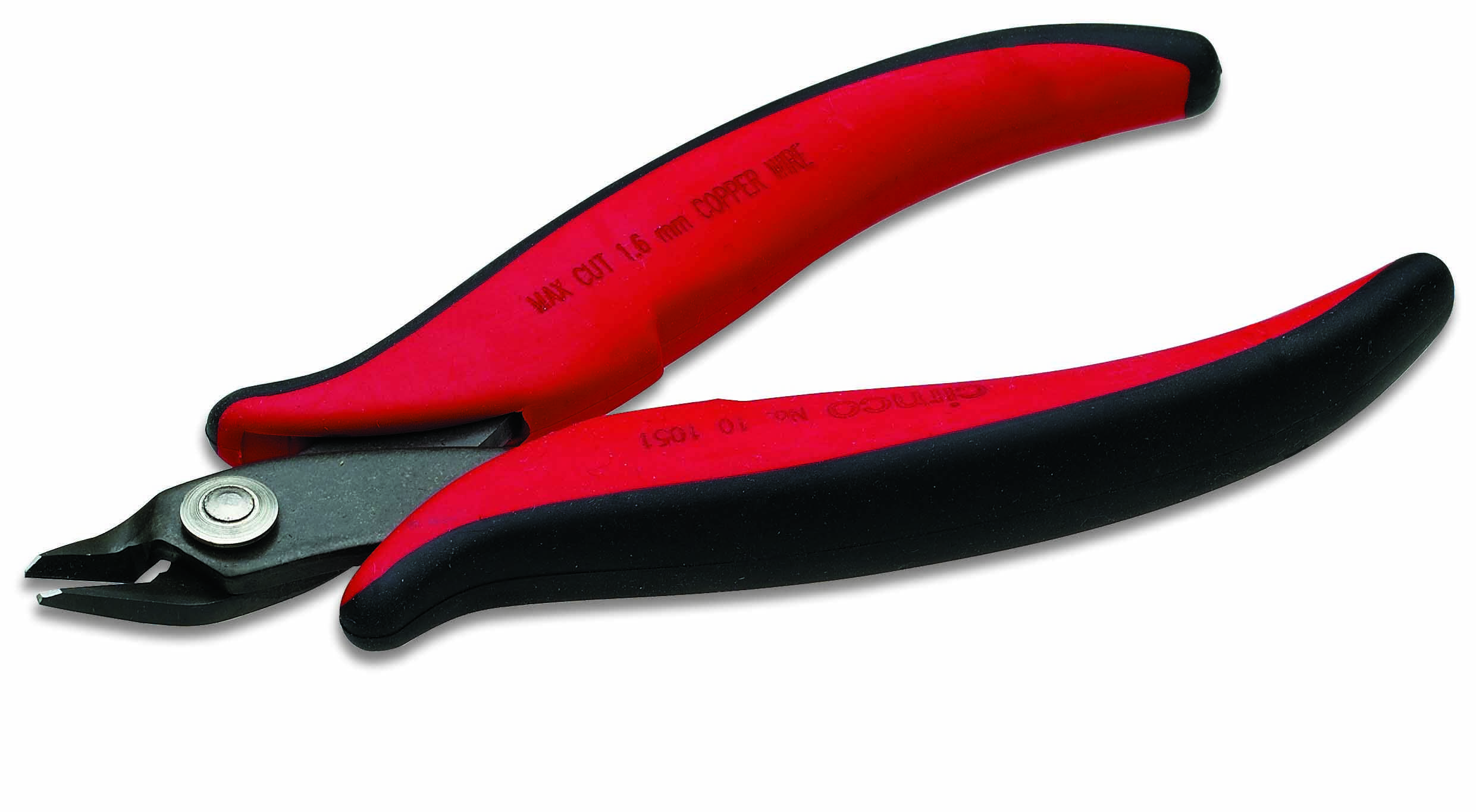 A red wire cutters with black handles, used for cutting through smaller wires or for DIY projects.