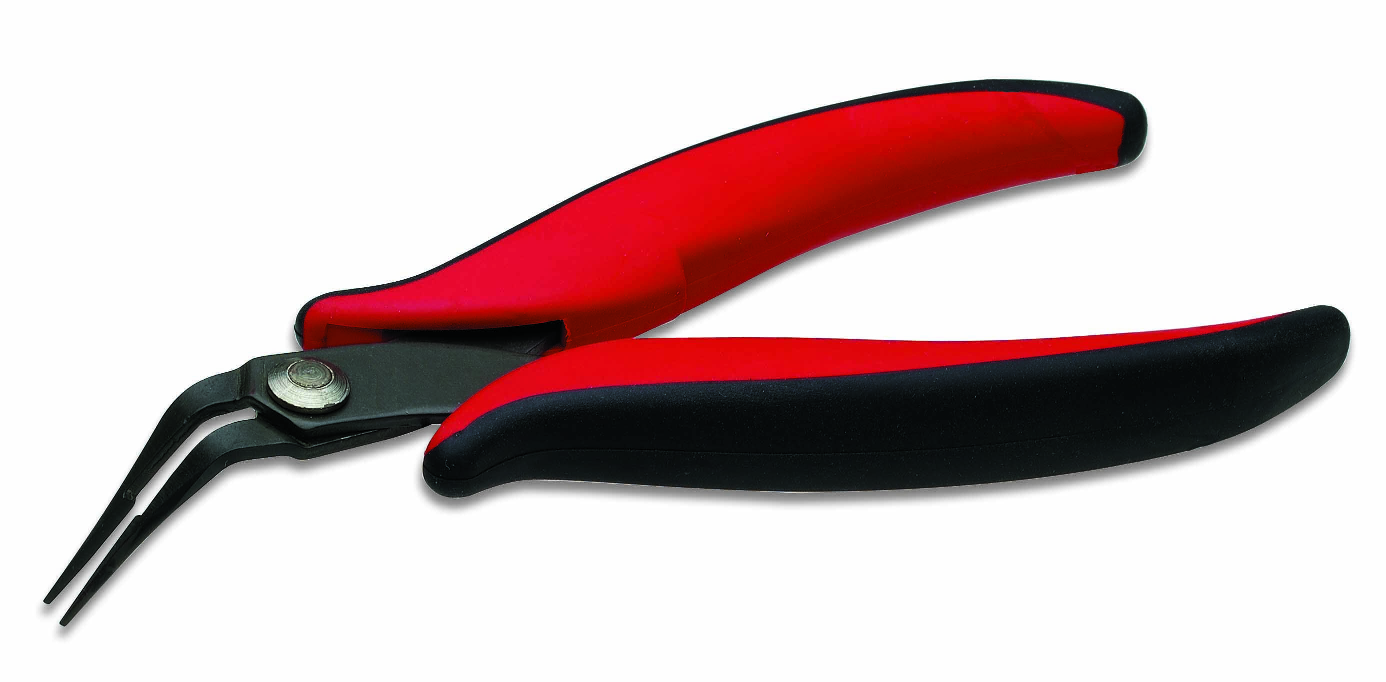 Red pliers with black handles and curved tips, suitable for gripping small objects in precision work.