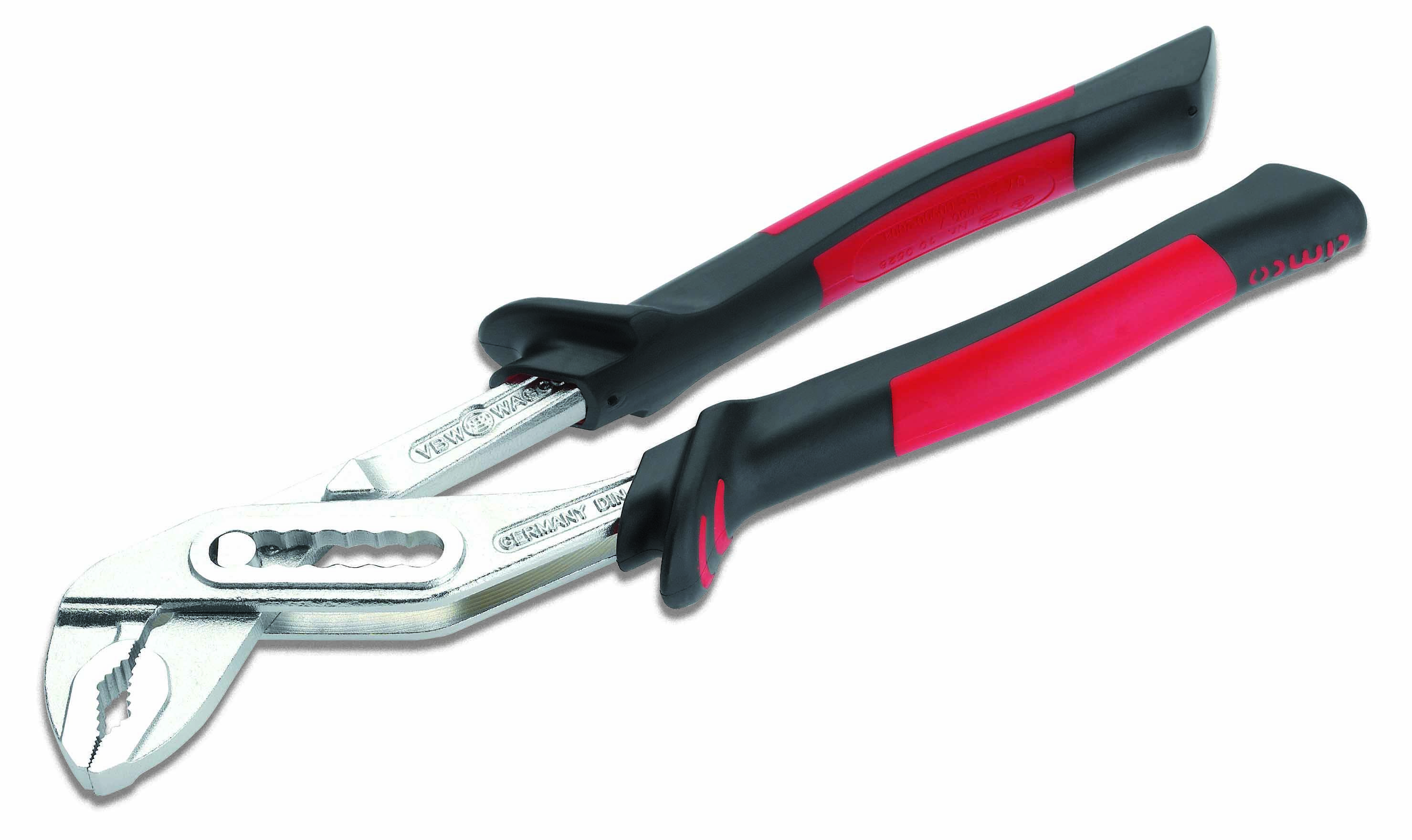 A red and black water pump pliers with adjustable jaws lies on a white background. Suitable for gripping and turning.