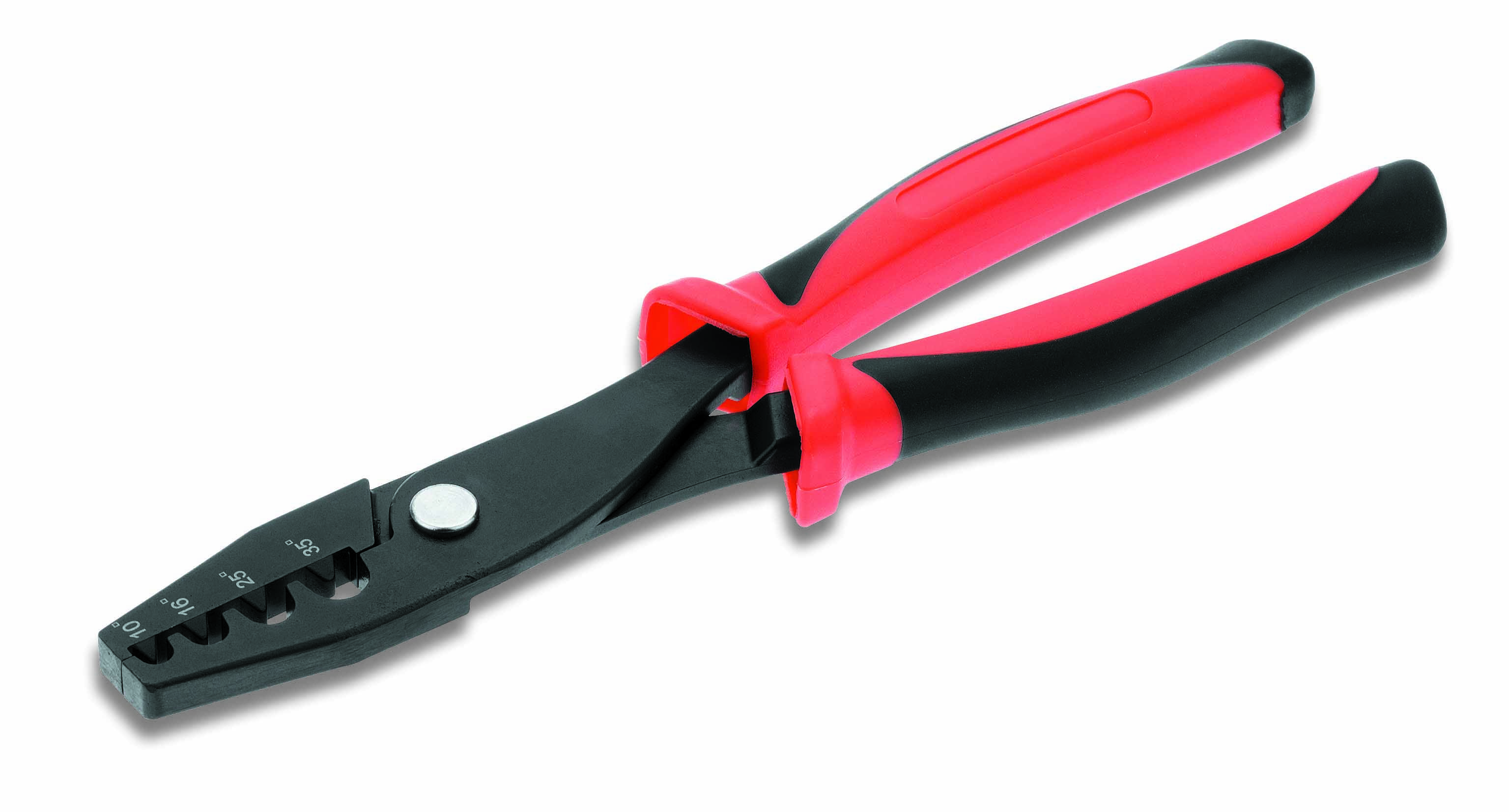A red wire stripping pliers with black handles is lying on a white surface.