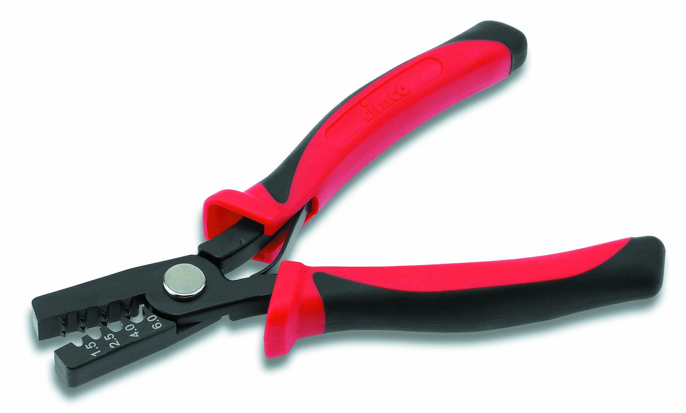 A red and black wire stripping pliers for removing insulation from wires.