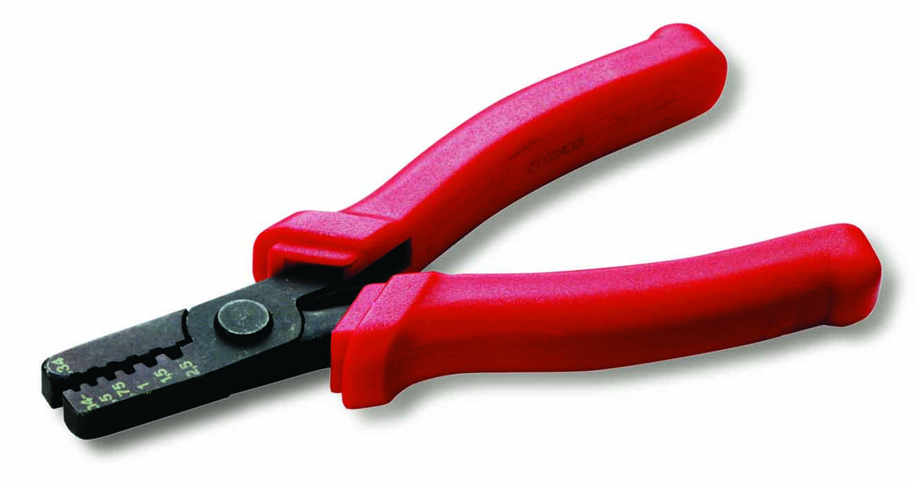 Red wire stripping pliers, a hand tool used for removing insulation from electrical cables.