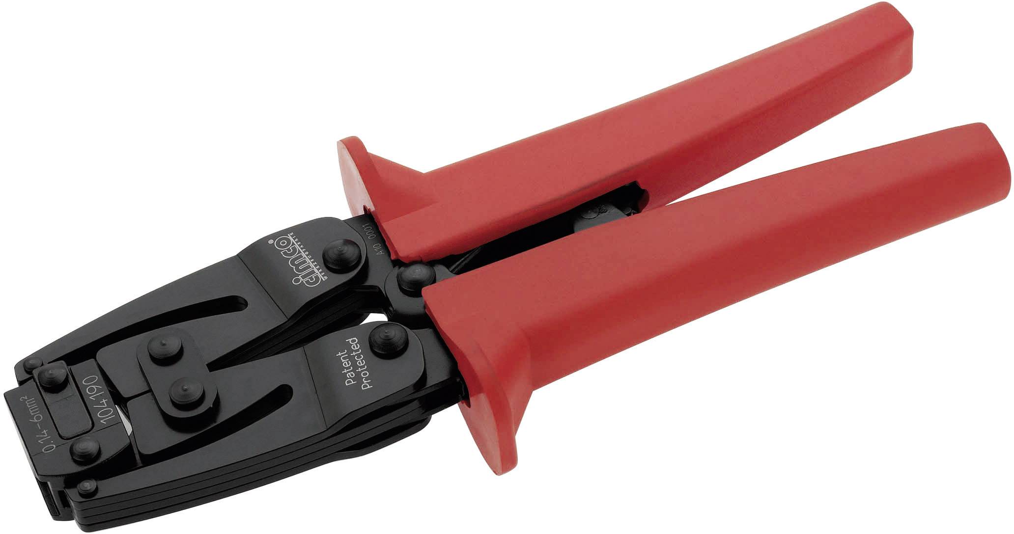 Red crimping tool with a black head, used for connecting cables and wires.