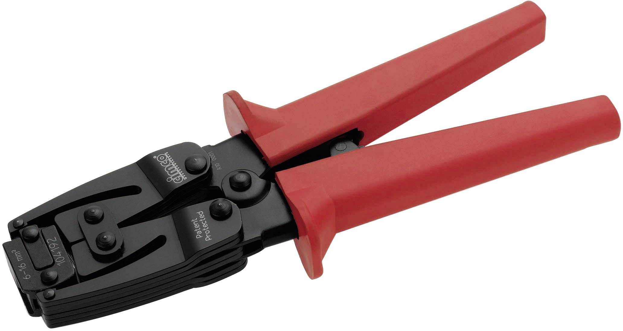 Crimping pliers with a red handle, suitable for crimping cables. Robust design, commonly used in electrical installation.