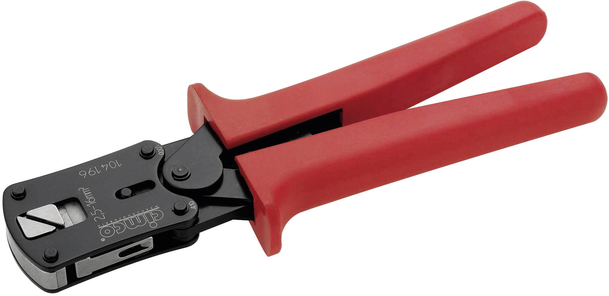 Crimping pliers with red handles, suitable for crimping cables. Black head with multiple recesses for different cable types.