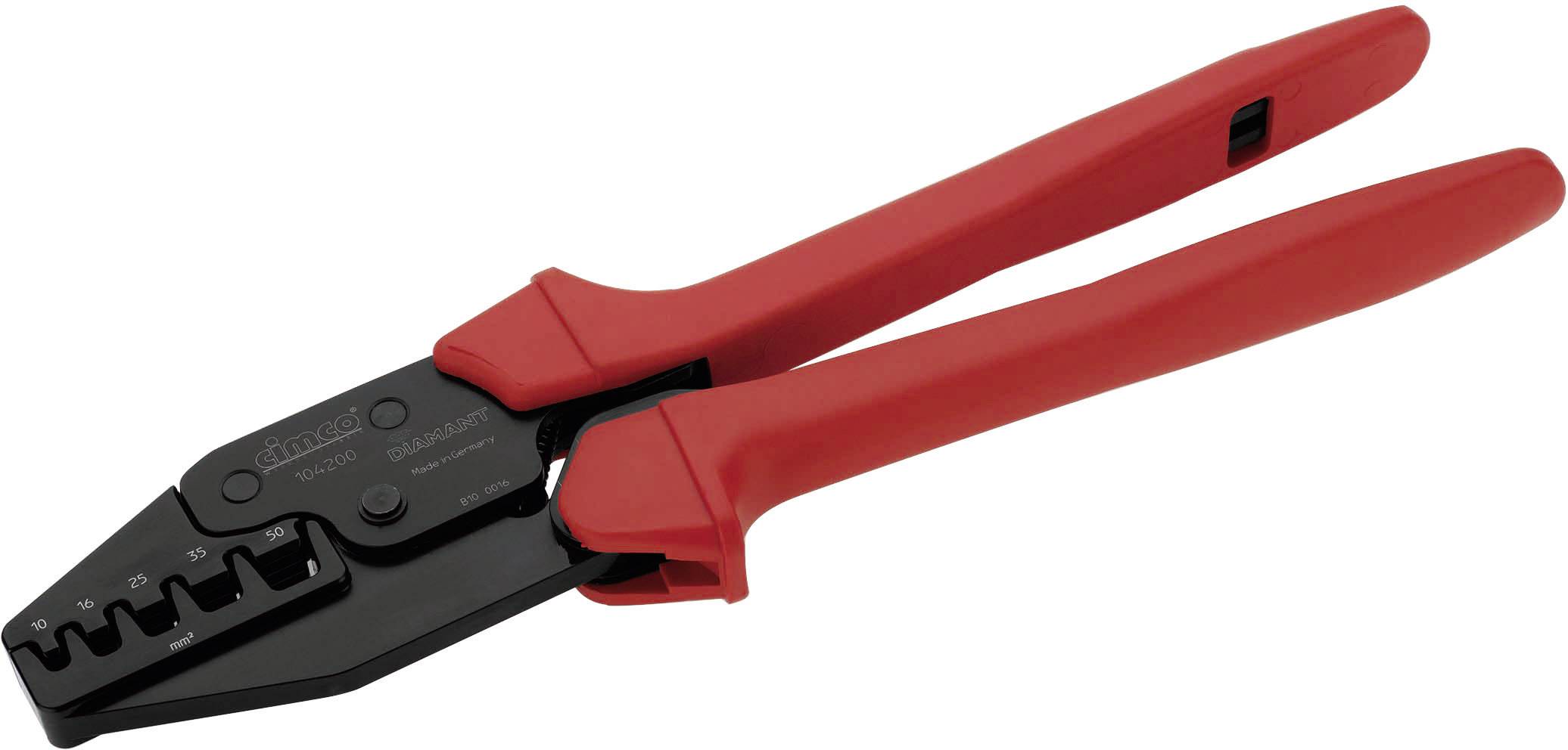 Crimping pliers with red handles, suitable for connecting cable lugs and electrical connectors in electrical engineering.