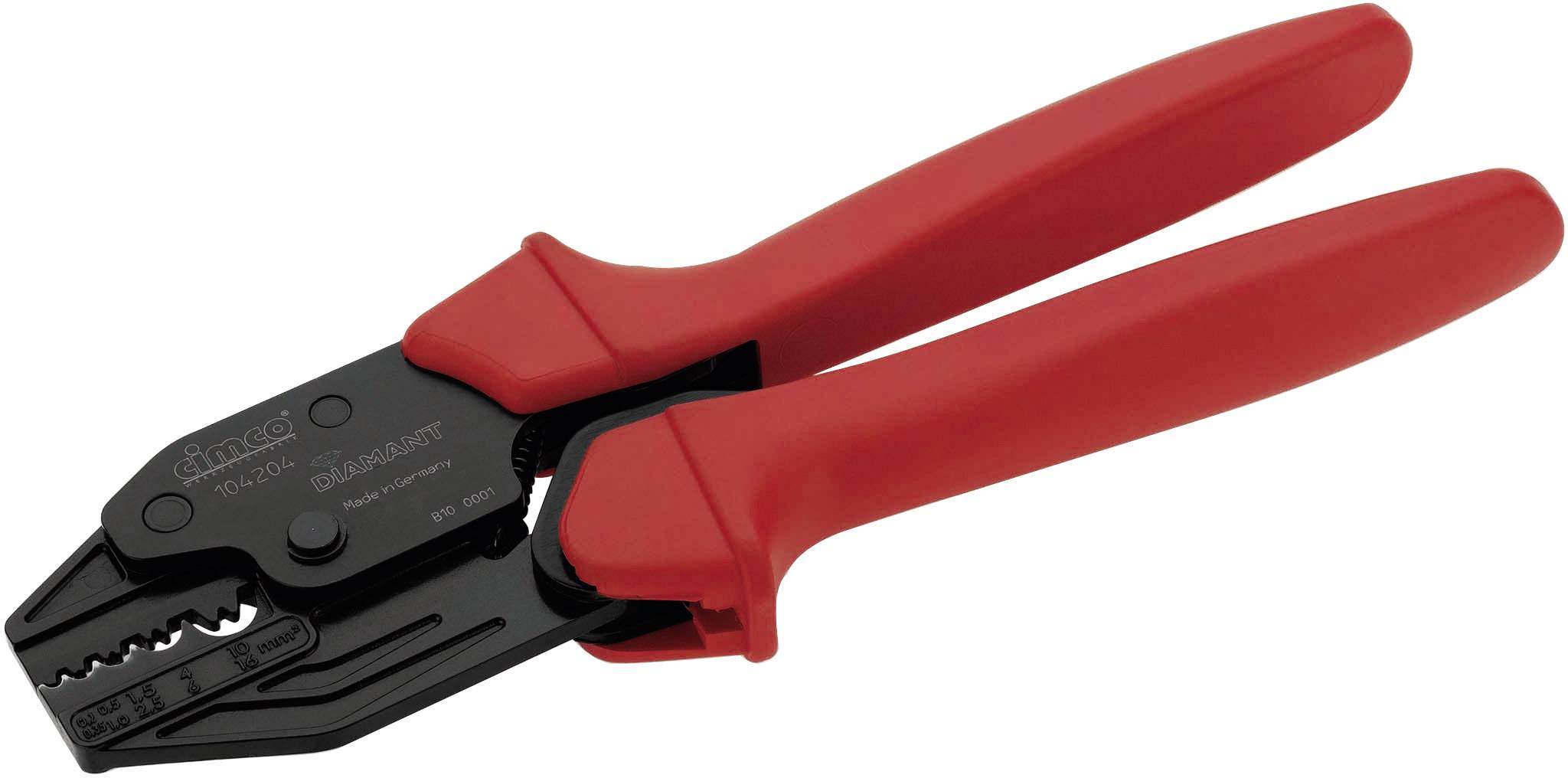 Red crimping pliers with black jaws, suitable for crimping cable lugs and connectors in electrical installation.