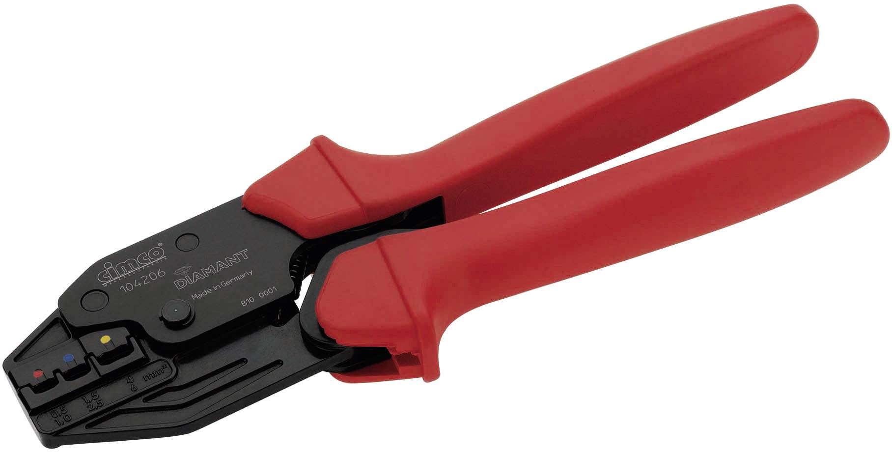 Red crimping pliers with black metal elements, used for connecting cables and connectors.