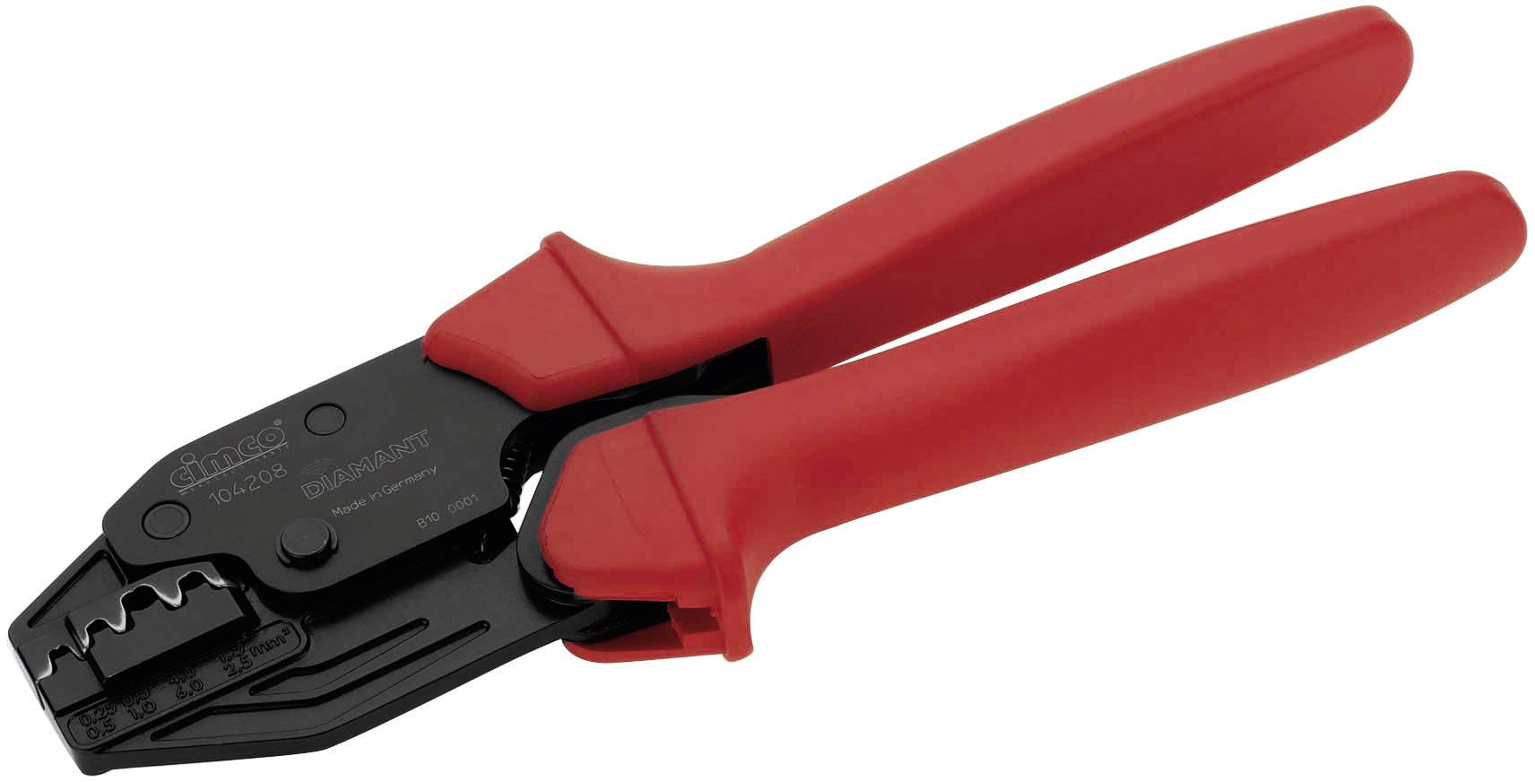 Red crimping pliers with a black head, suitable for attaching cable lugs to wires.