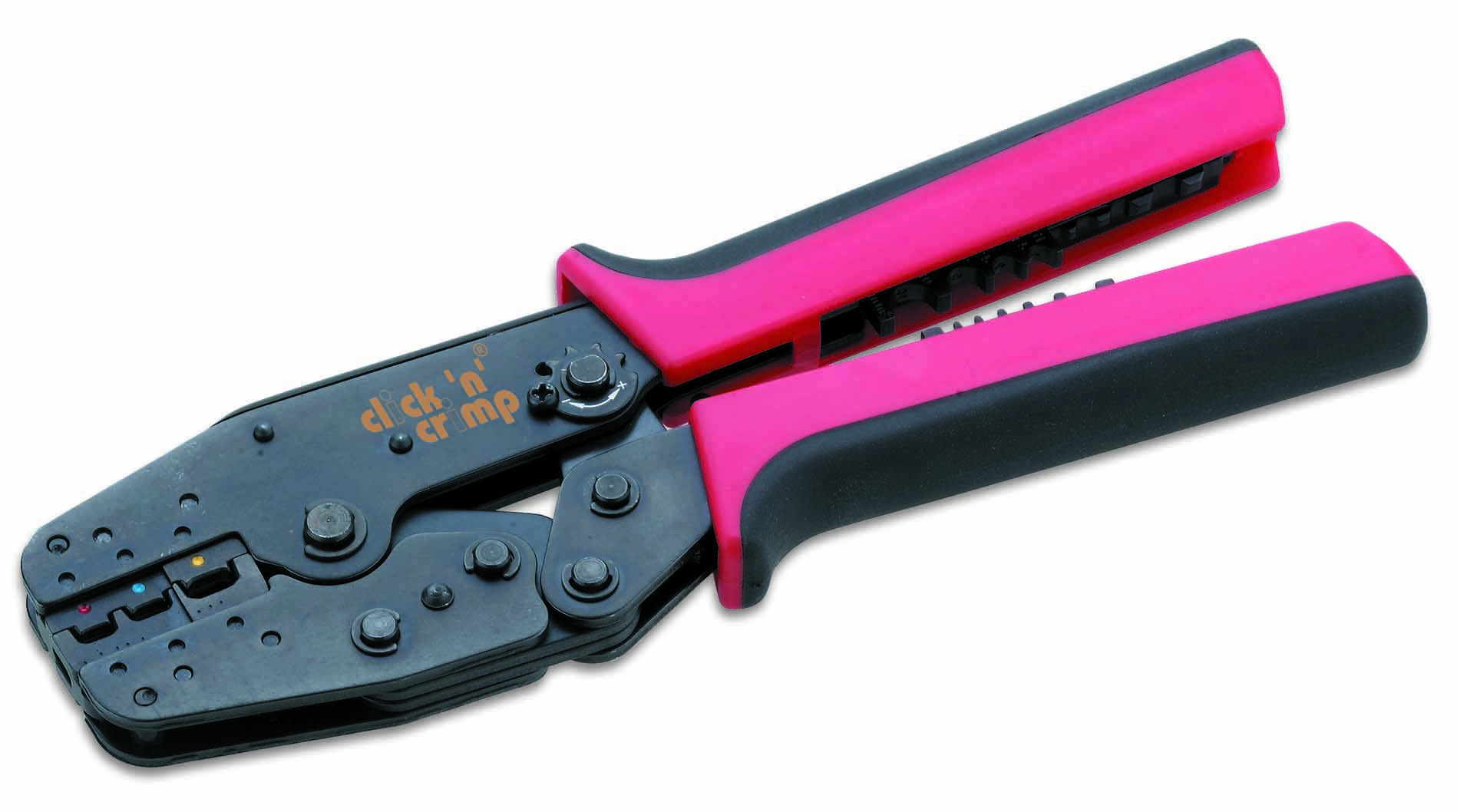 A crimping pliers with a black metal tip and pink-black handles, used for crimping cable connections.
