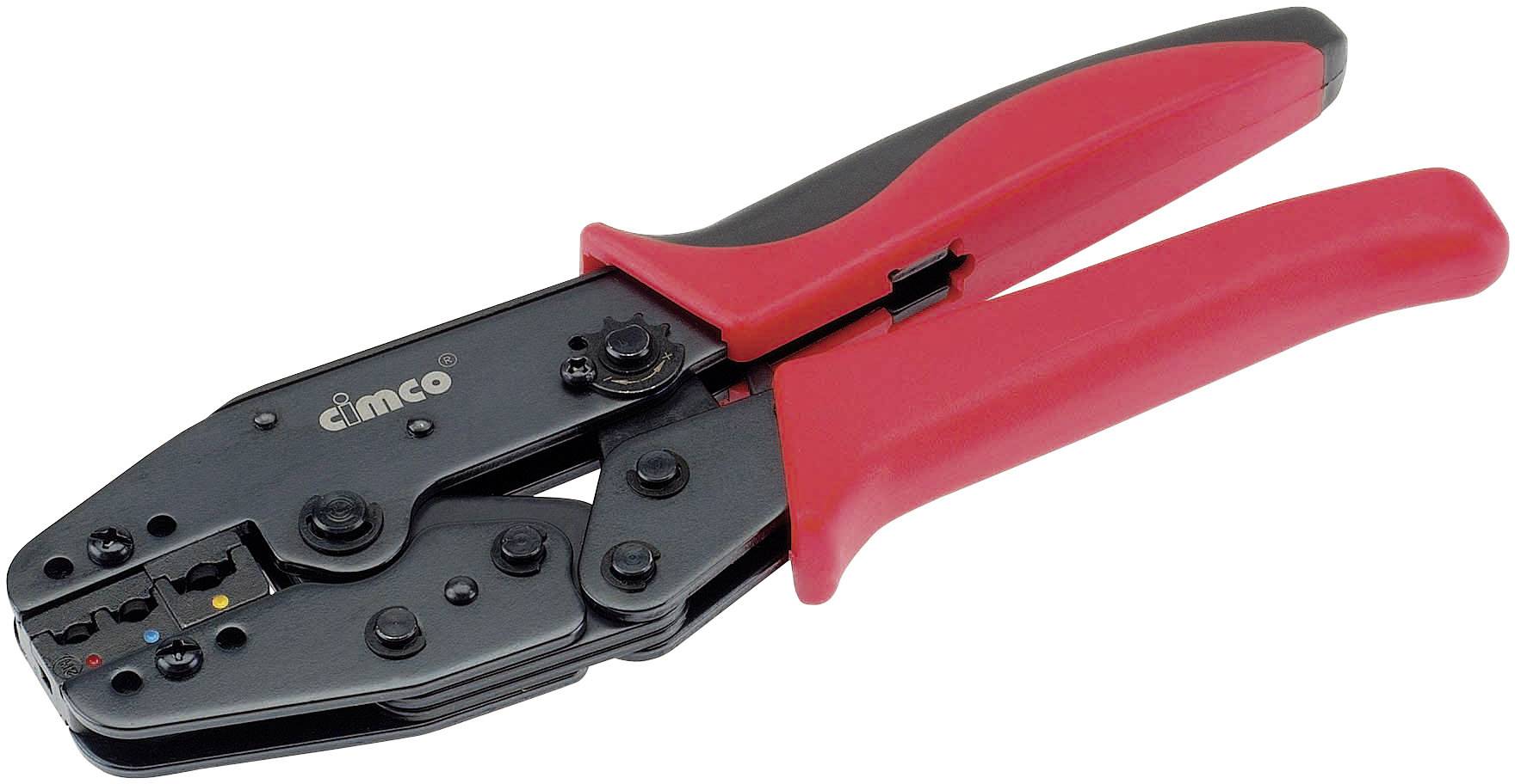 A red and black crimping pliers for cable lugs, suitable for electrical work.