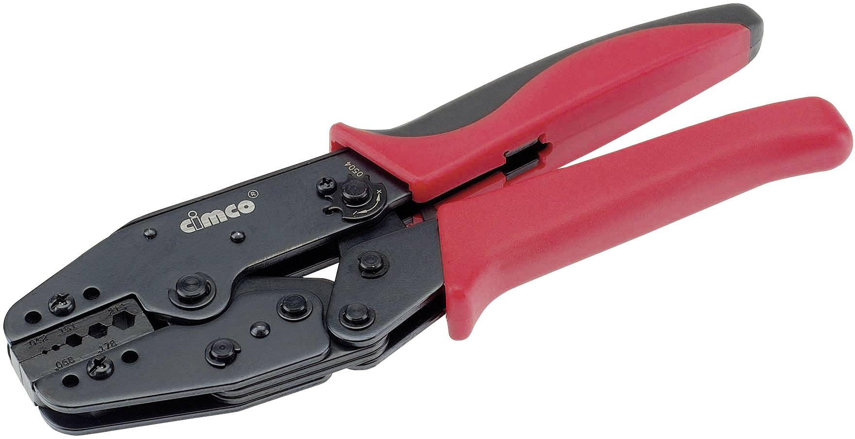 A crimping tool with a red handle and black head, used for connecting cables to connectors.