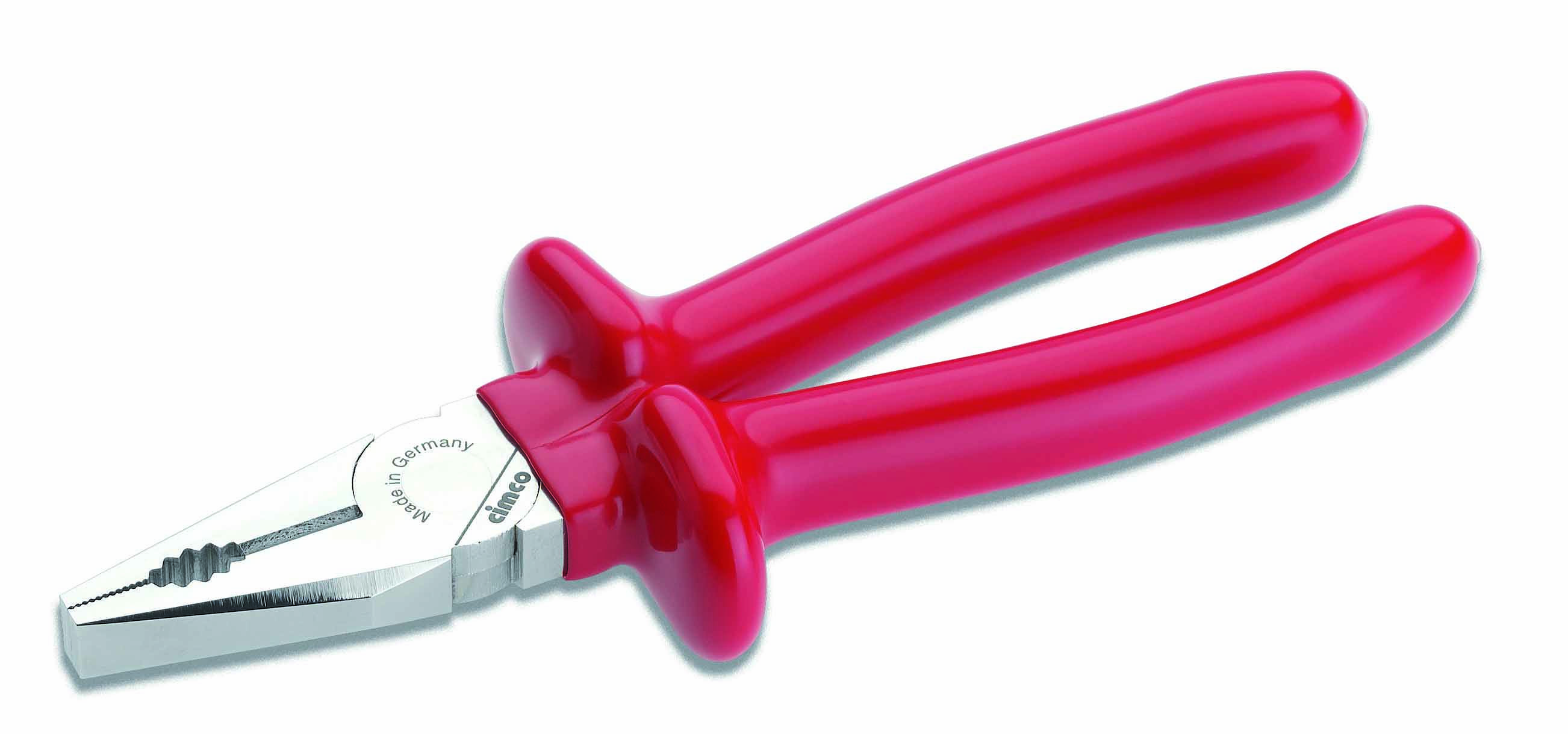 A red combination pliers with insulated handles and serrated jaws, suitable for gripping, cutting, and bending wires.