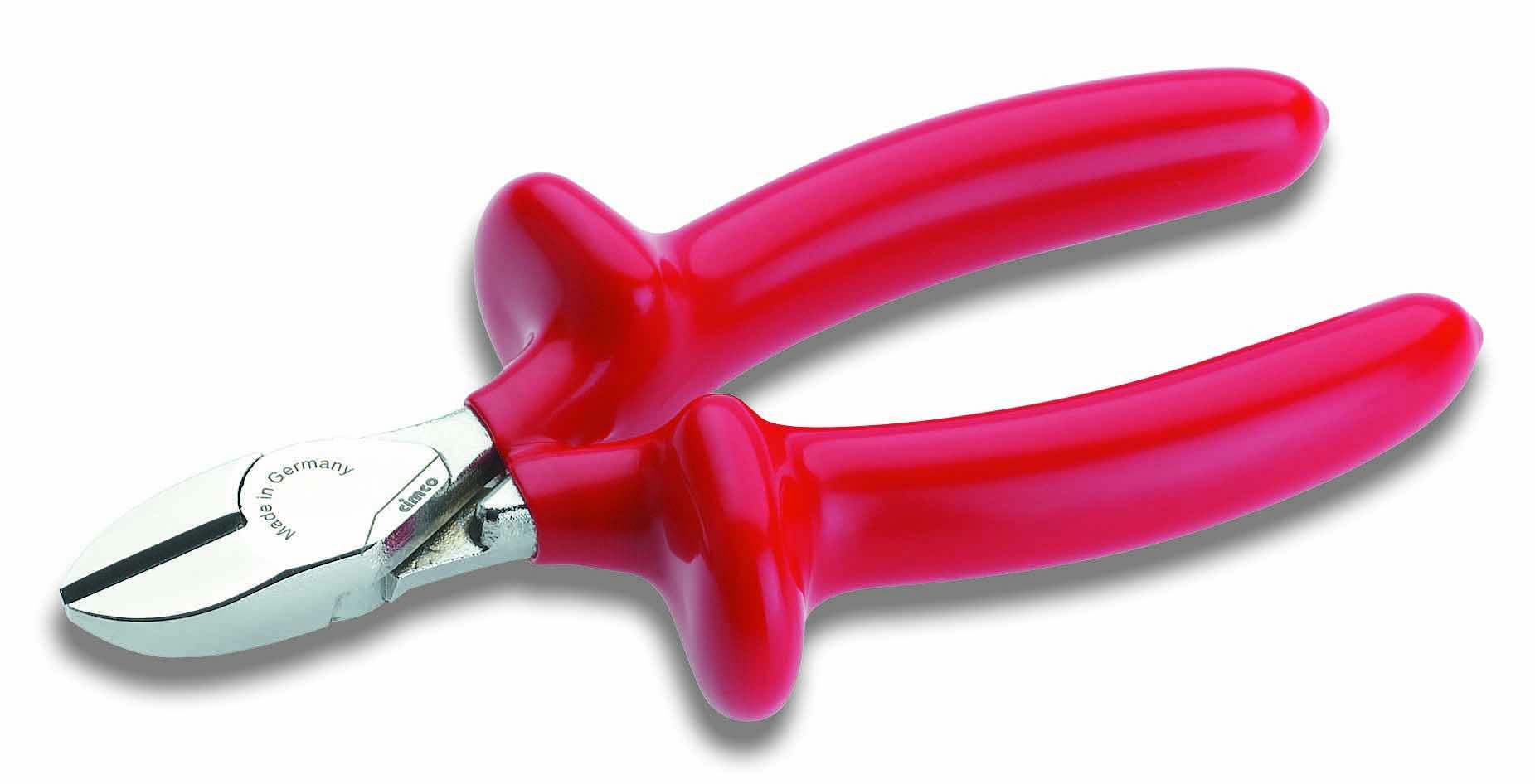 Red side-cutting pliers with steel blades, used for cutting wire or small metal parts, with ergonomic handles.