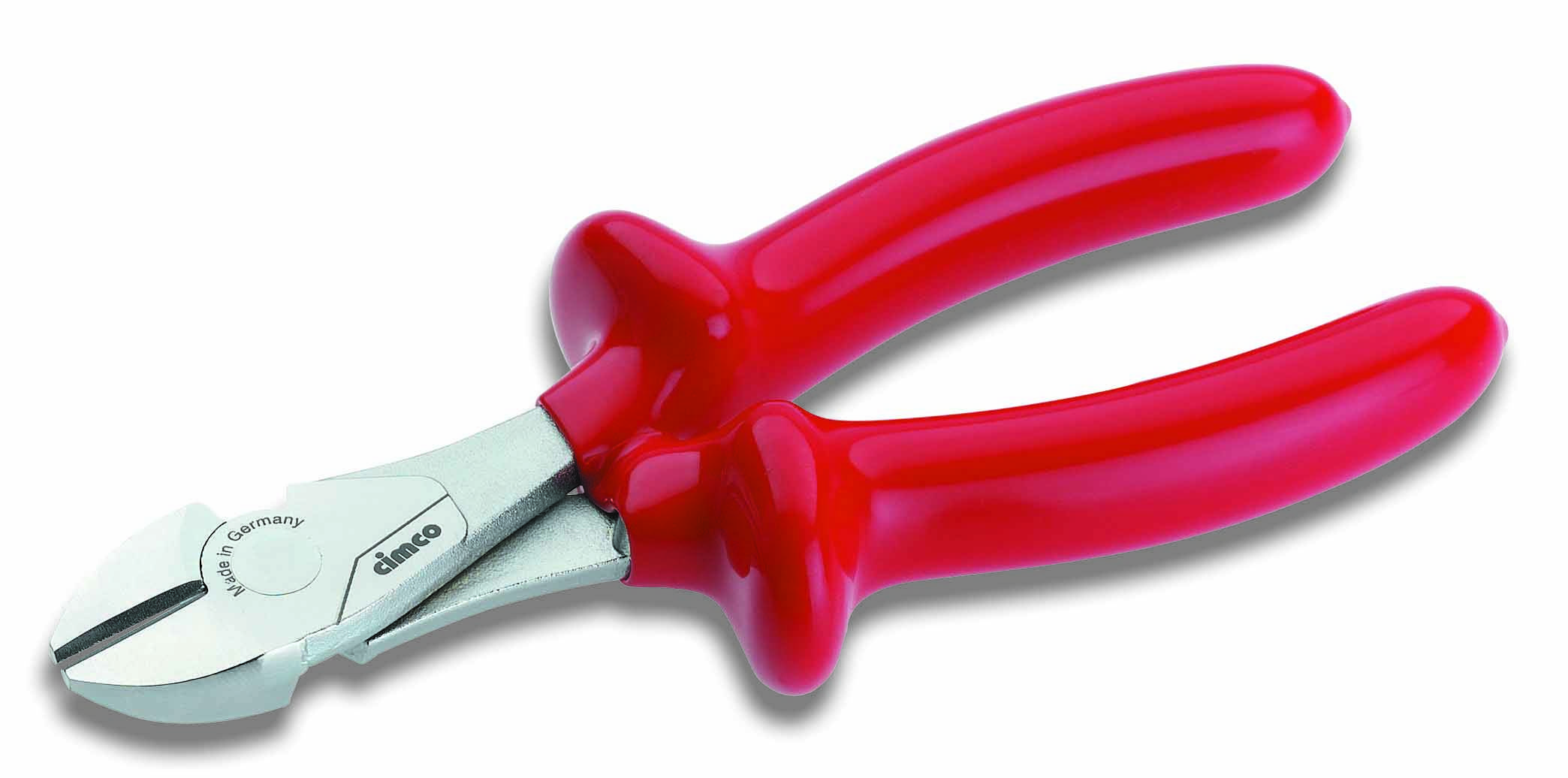 Red side cutting pliers with metallic cutting blades, used for cutting wires or cables.