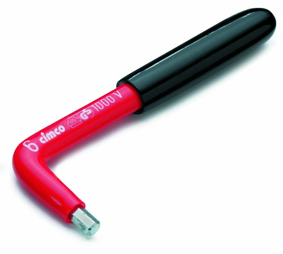 A red hexagonal Allen key with a black handle, 1000V insulated, suitable for electrical work, 6 mm size, Cimco brand.