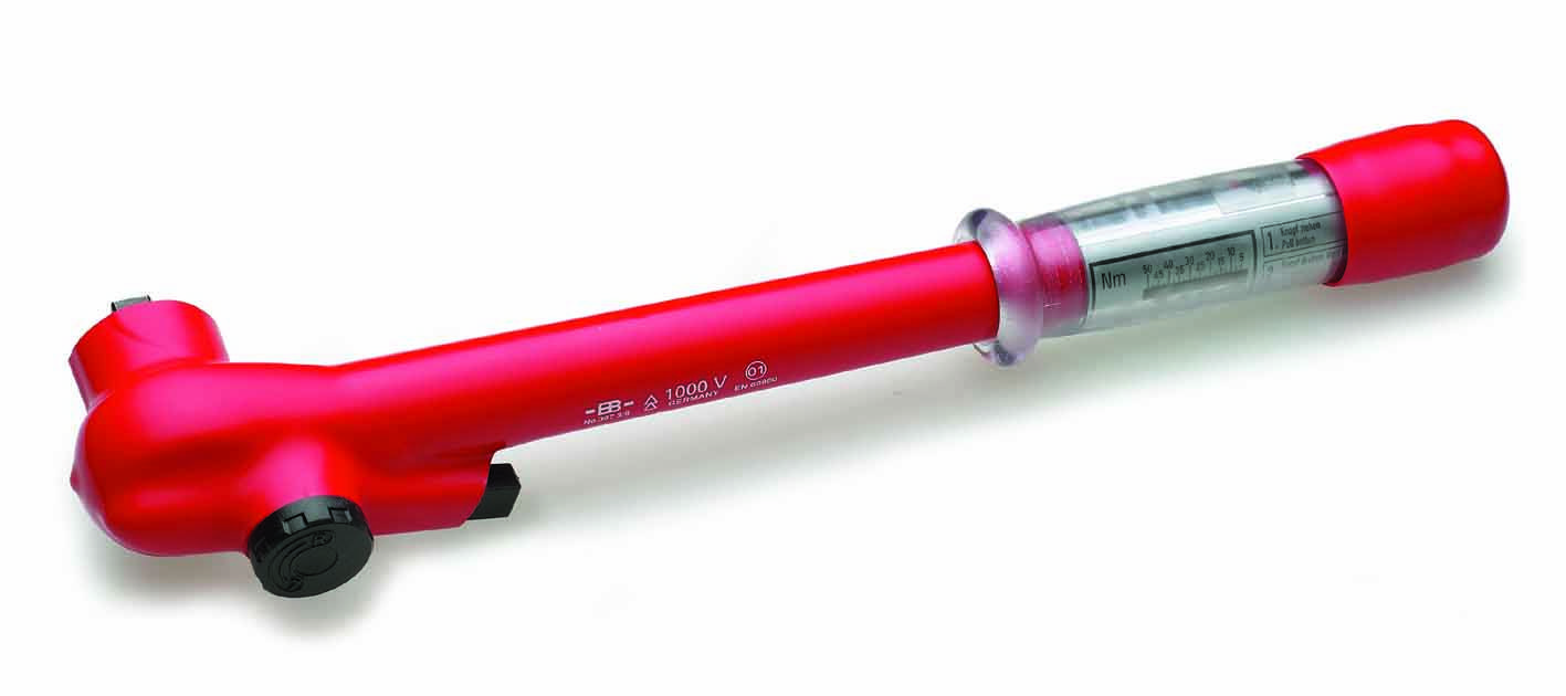 A red torque wrench with a scale for measuring torque, commonly used in car repair and machine maintenance.