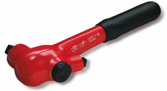 Red insulated hammer with black handle for work on electronic devices. Tested up to 1000V with safety marking.
