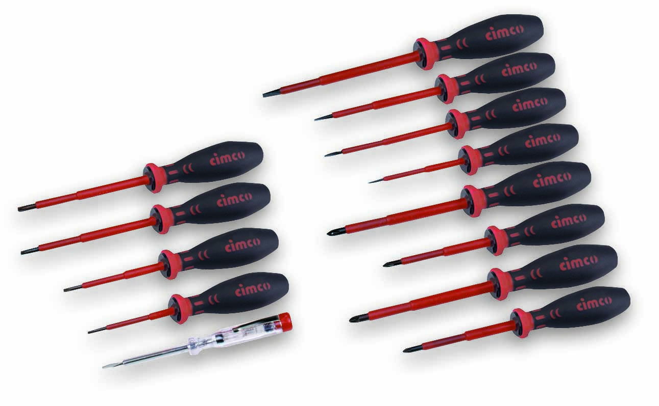 A set of eleven screwdrivers in various sizes, some with insulated handles, is shown. One screwdriver lights up.