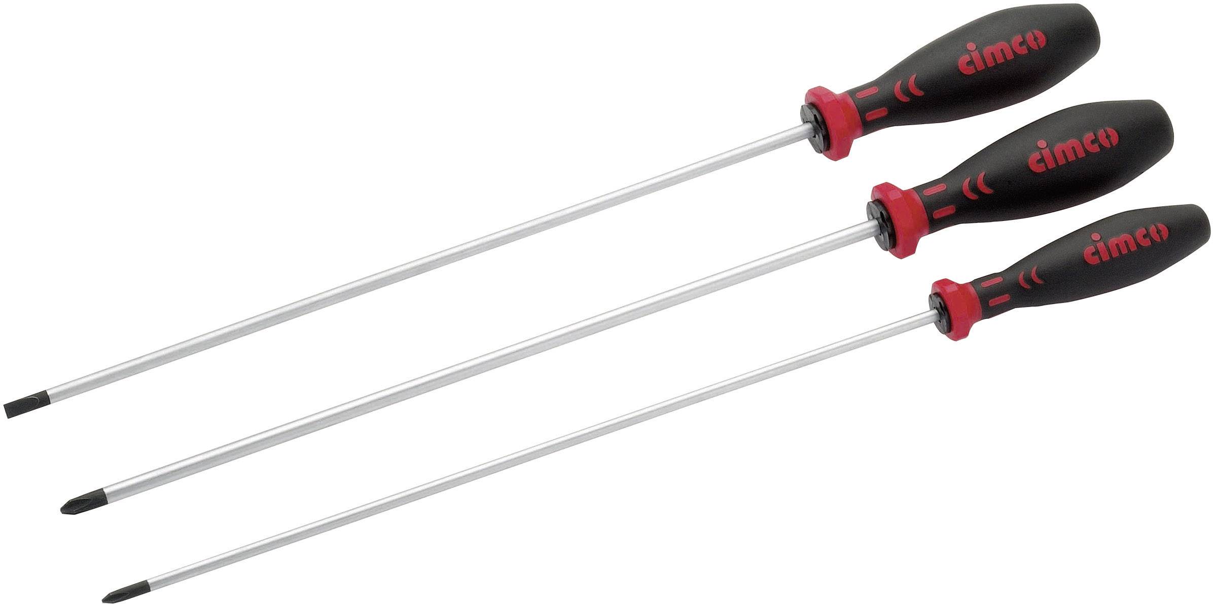 Three screwdrivers with black handles and red details. Different lengths. 'Cimco' brand on the handles.