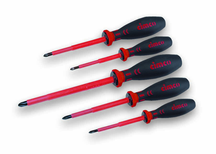 Five insulated screwdrivers in various sizes with black handles and red blades, arranged in a row.